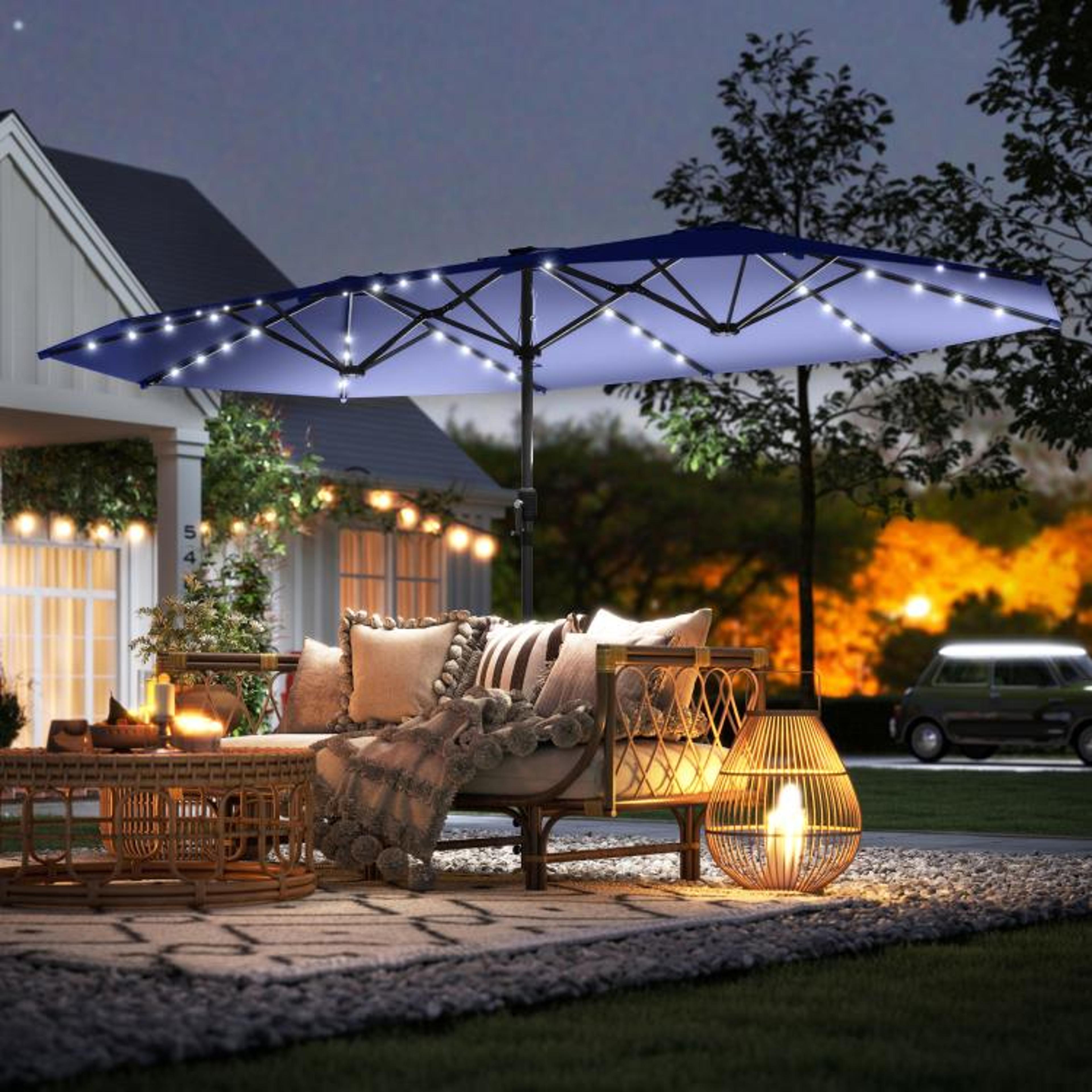 148 Ft DoubleSided Patio Umbrella With 48 Solar LED Lights  Navy Blue 3