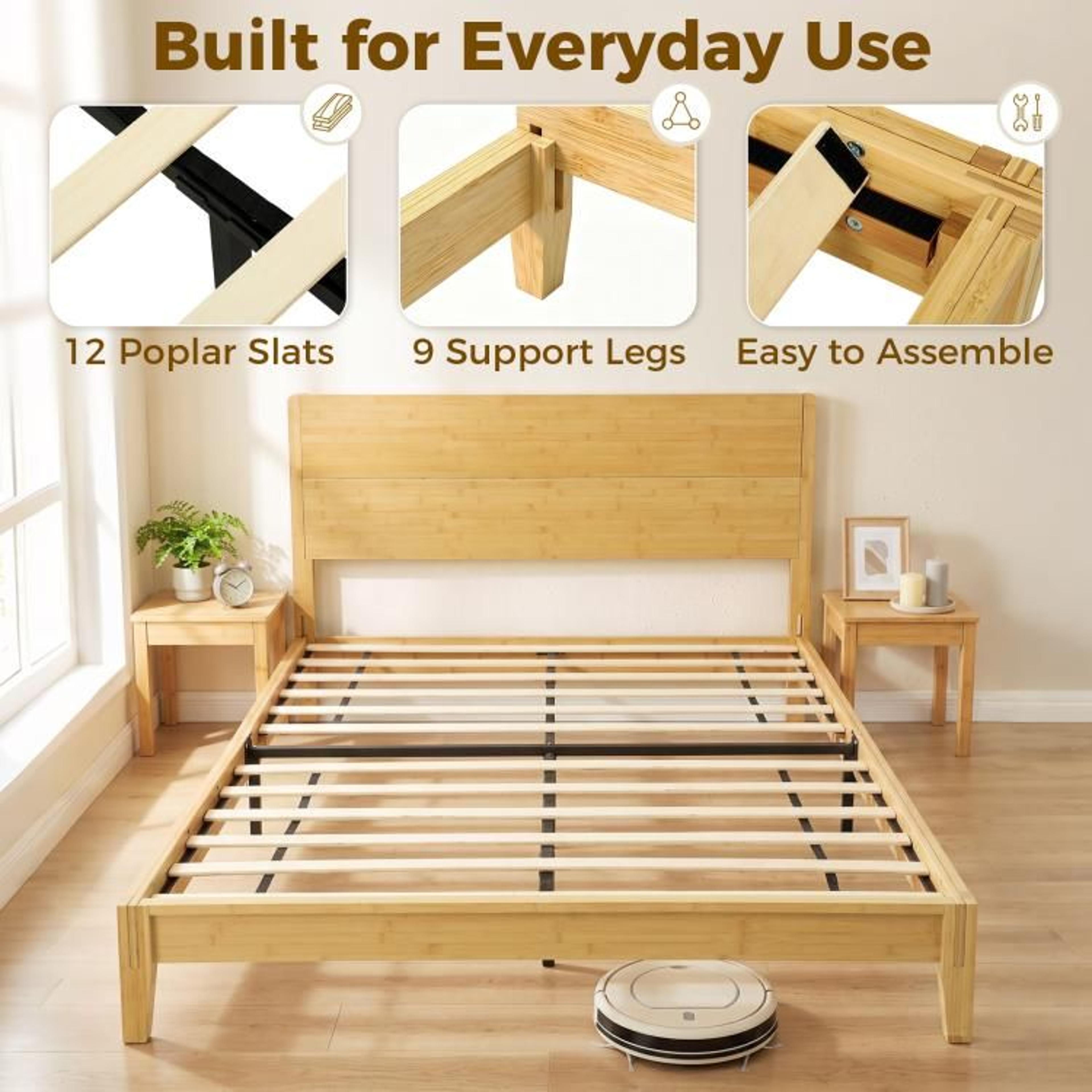 Queen Size Bamboo Platform Bed Frame With Headboard And 12 Wood Slats 2