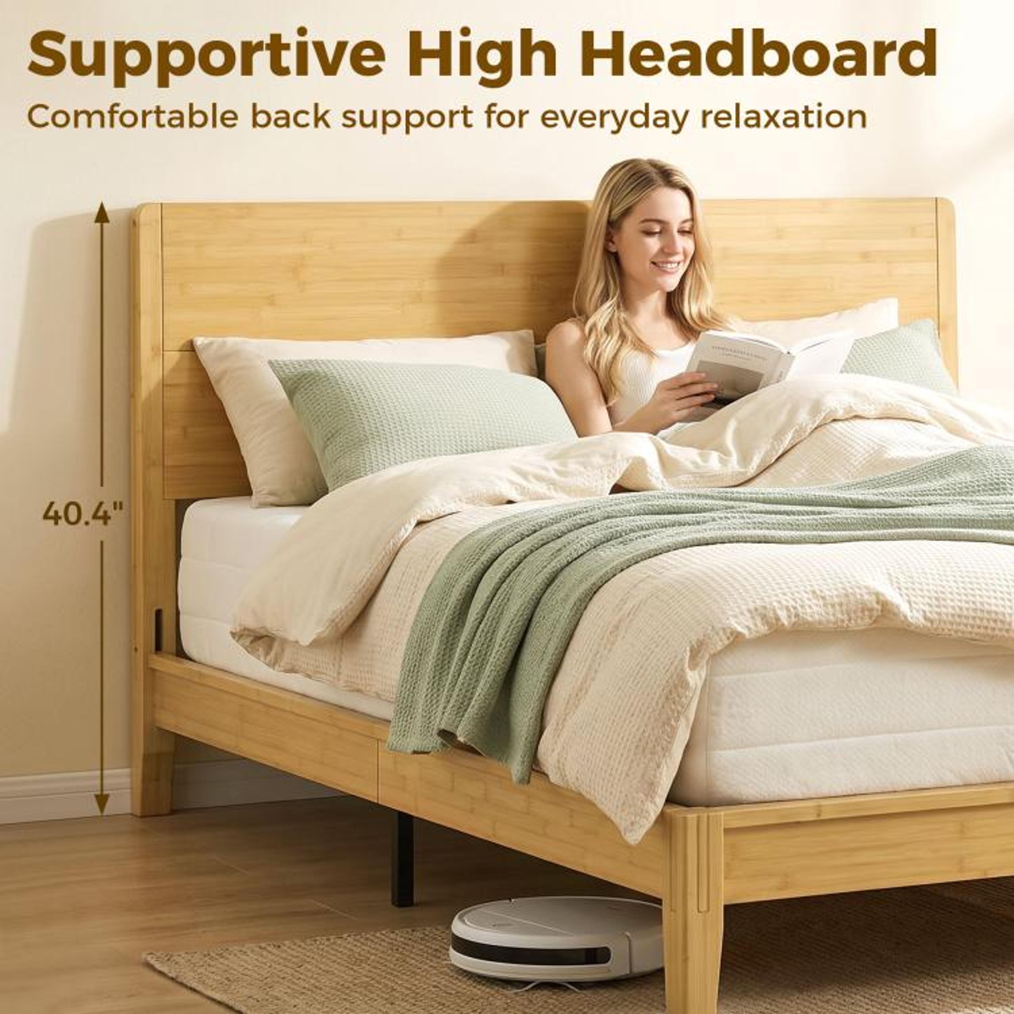 Queen Size Bamboo Platform Bed Frame With Headboard And 12 Wood Slats 3