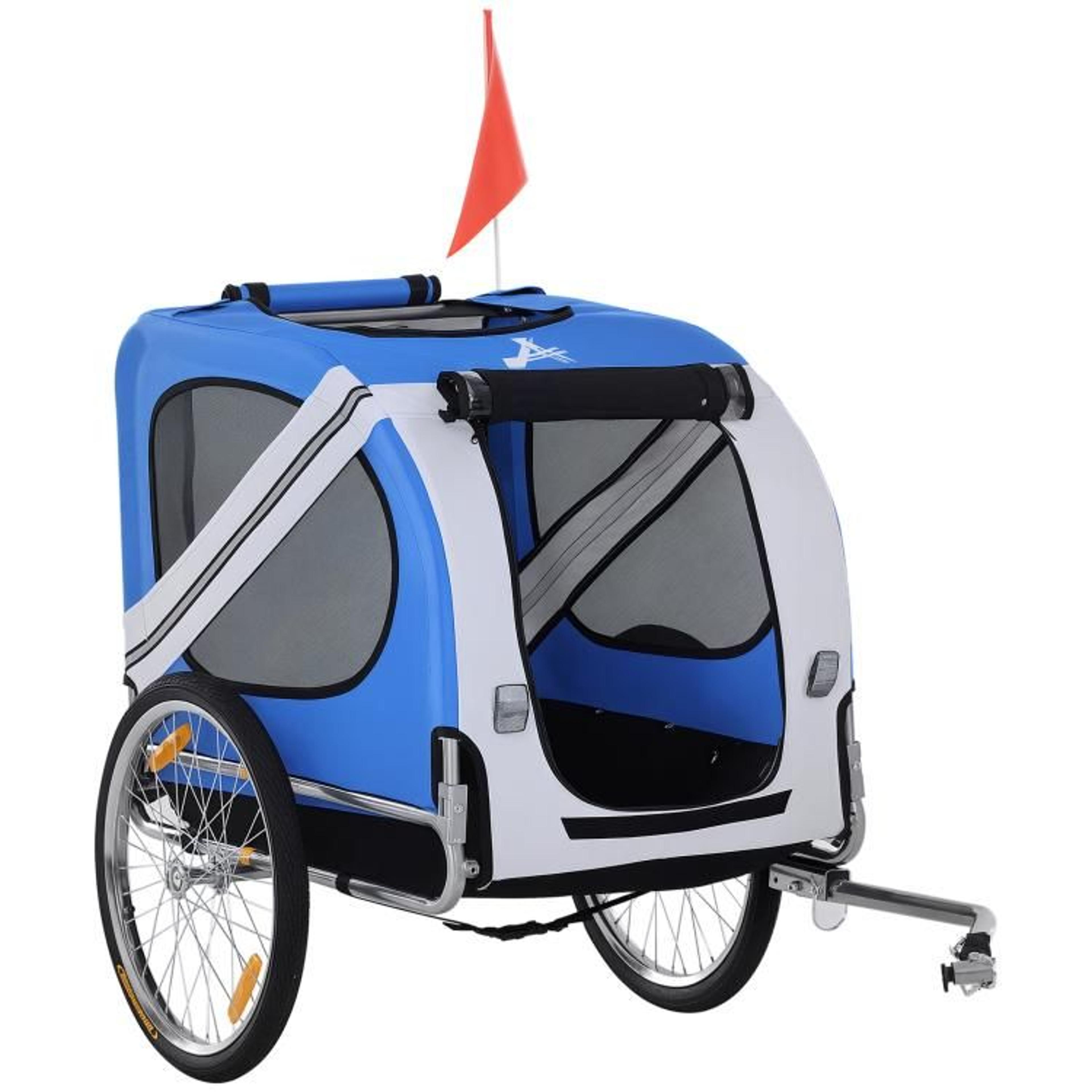 dog bike trailer with 20-inch wheels and foldable frame blue and white