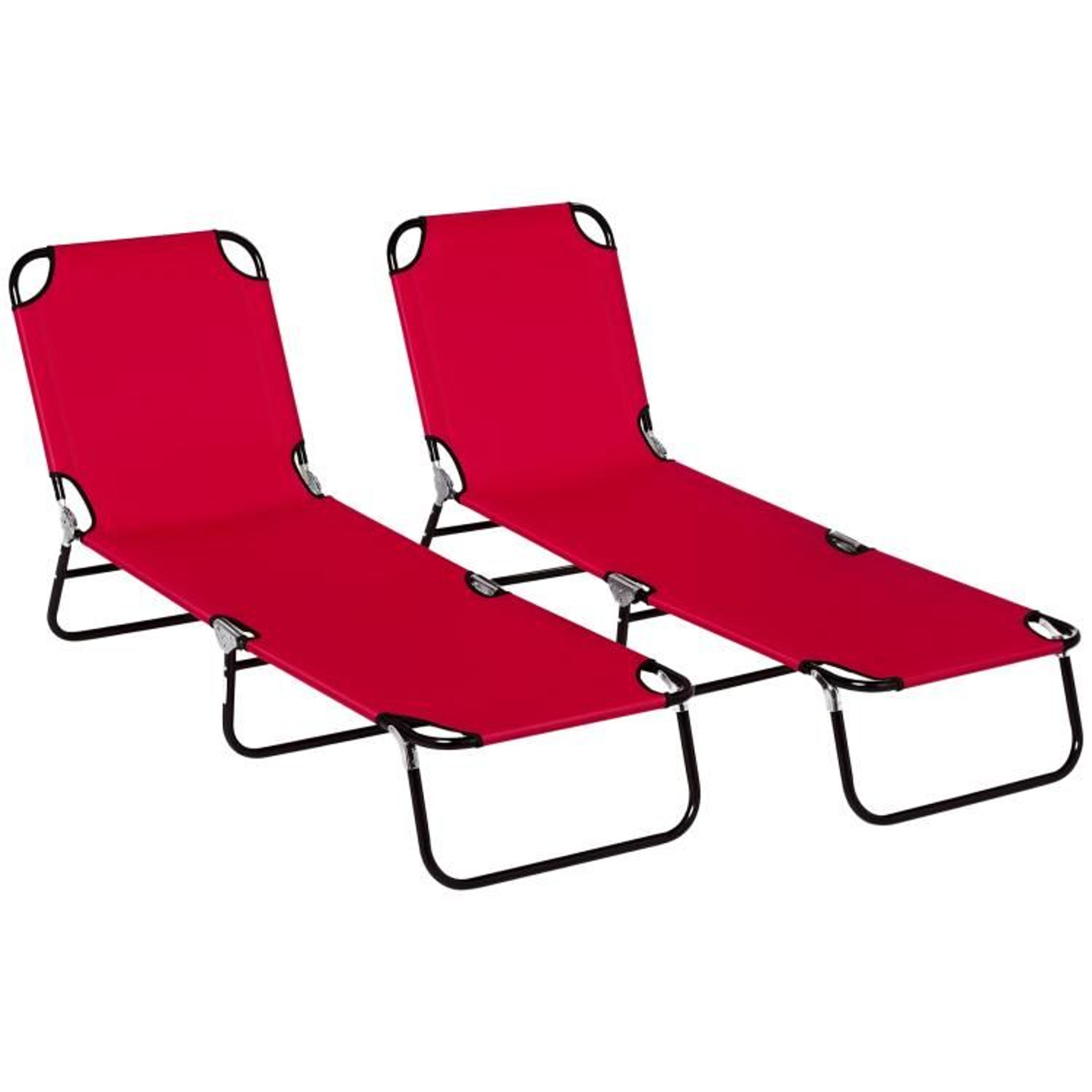 set of 2 folding chaise lounge chairs with 5-position reclining backs red