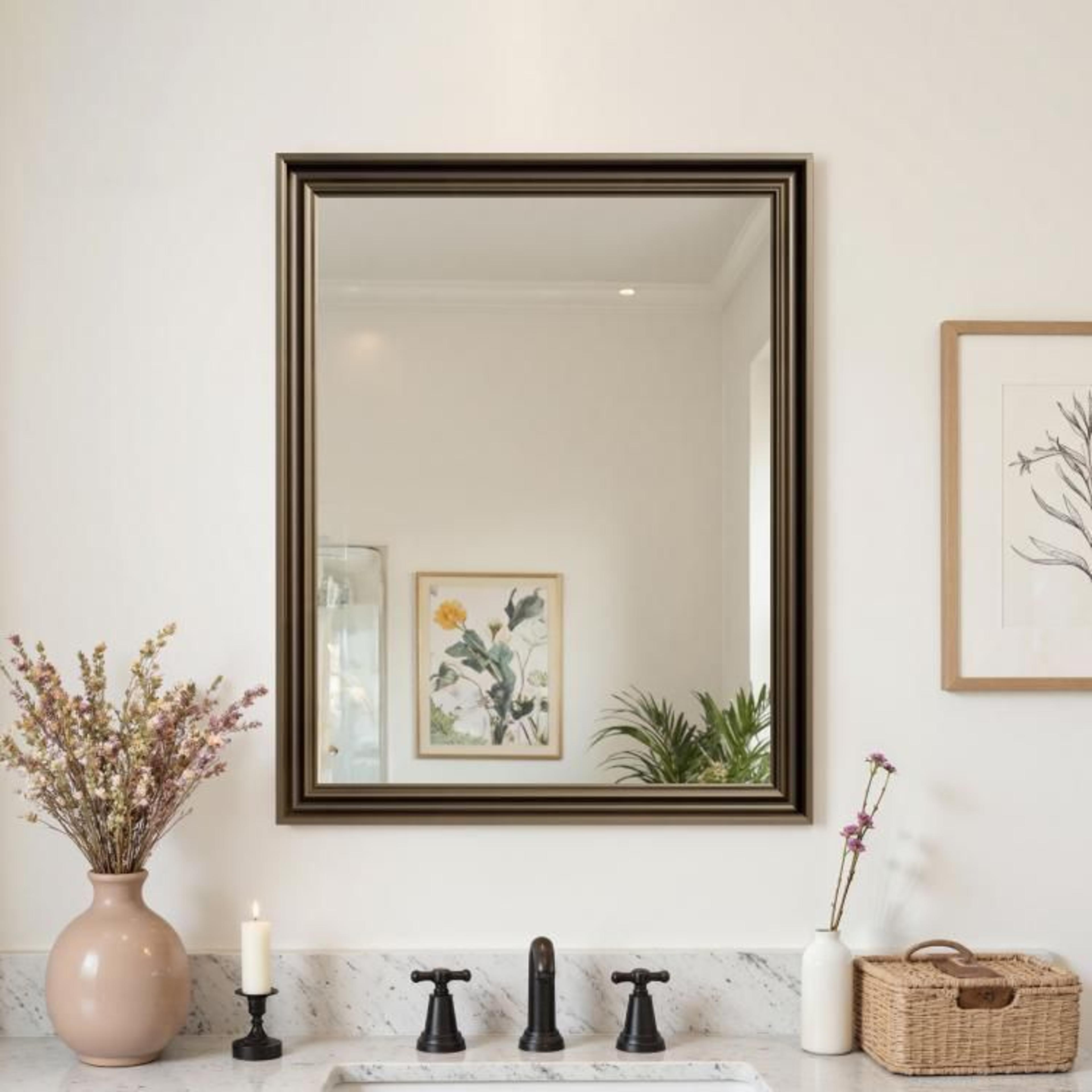 Vintage Black Bathroom Wall Mirror With Tempered Glass And Wood Grain Frame 1