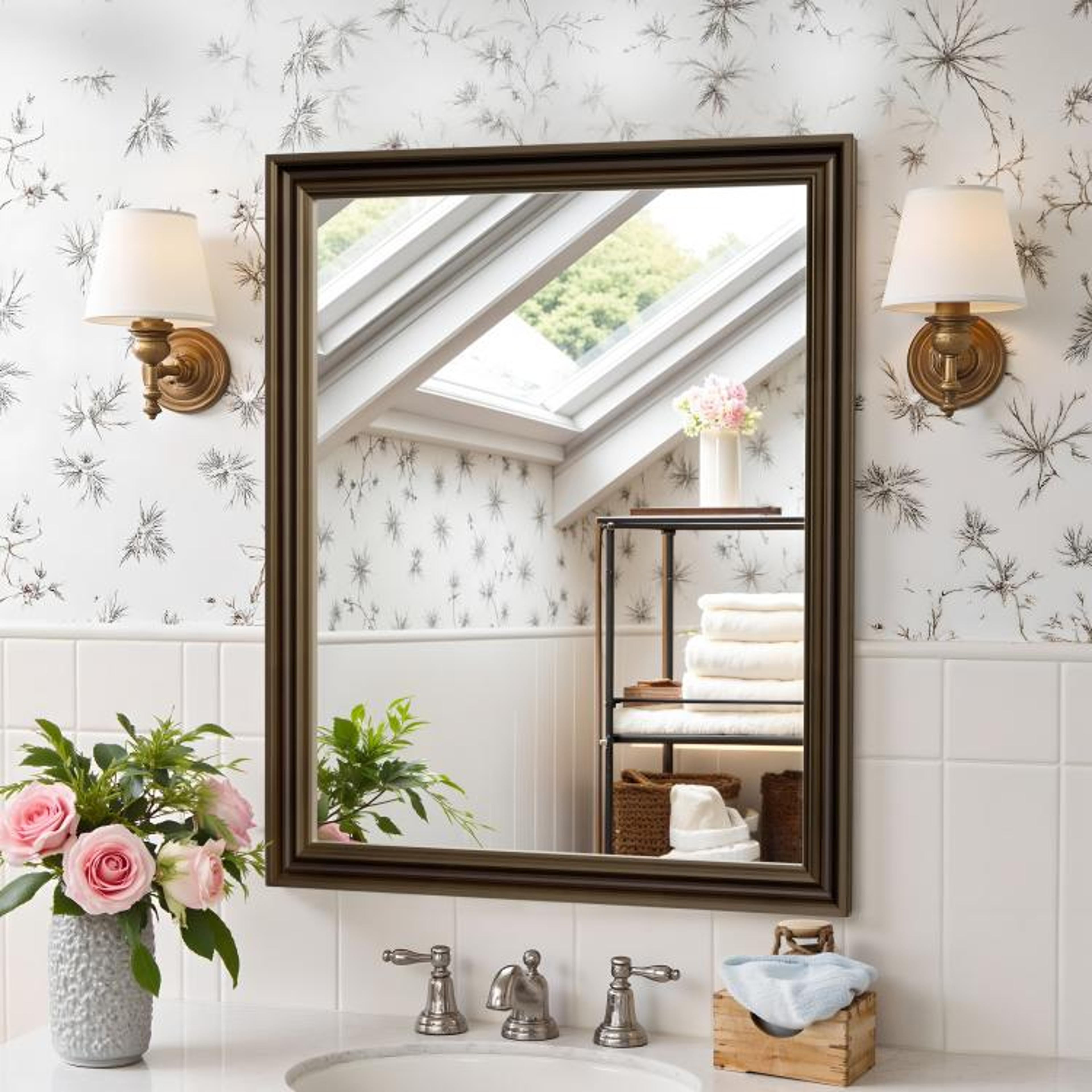 Vintage Black Bathroom Wall Mirror With Tempered Glass And Wood Grain Frame 2