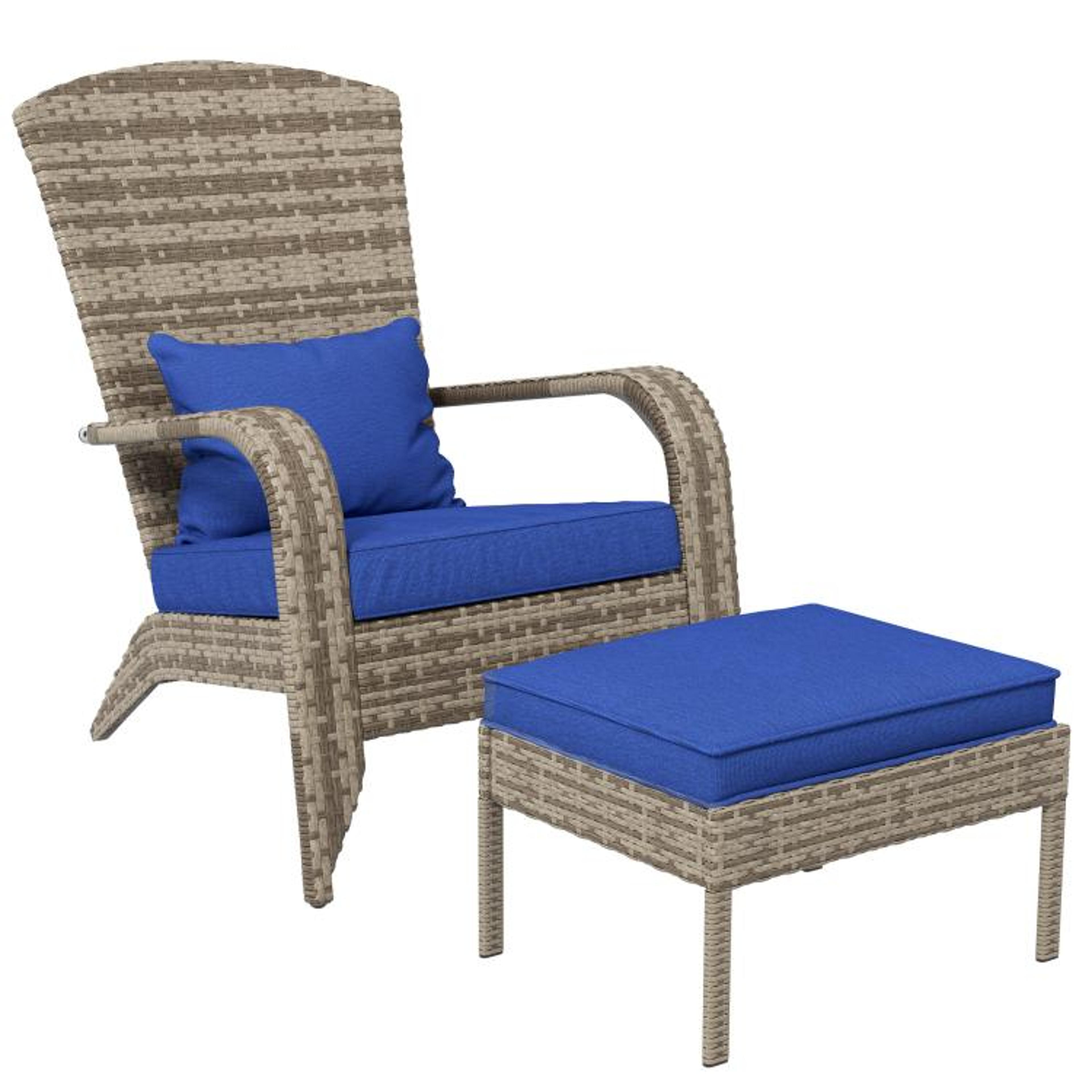 wicker adirondack chair with ottoman and blue cushions for outdoor patios