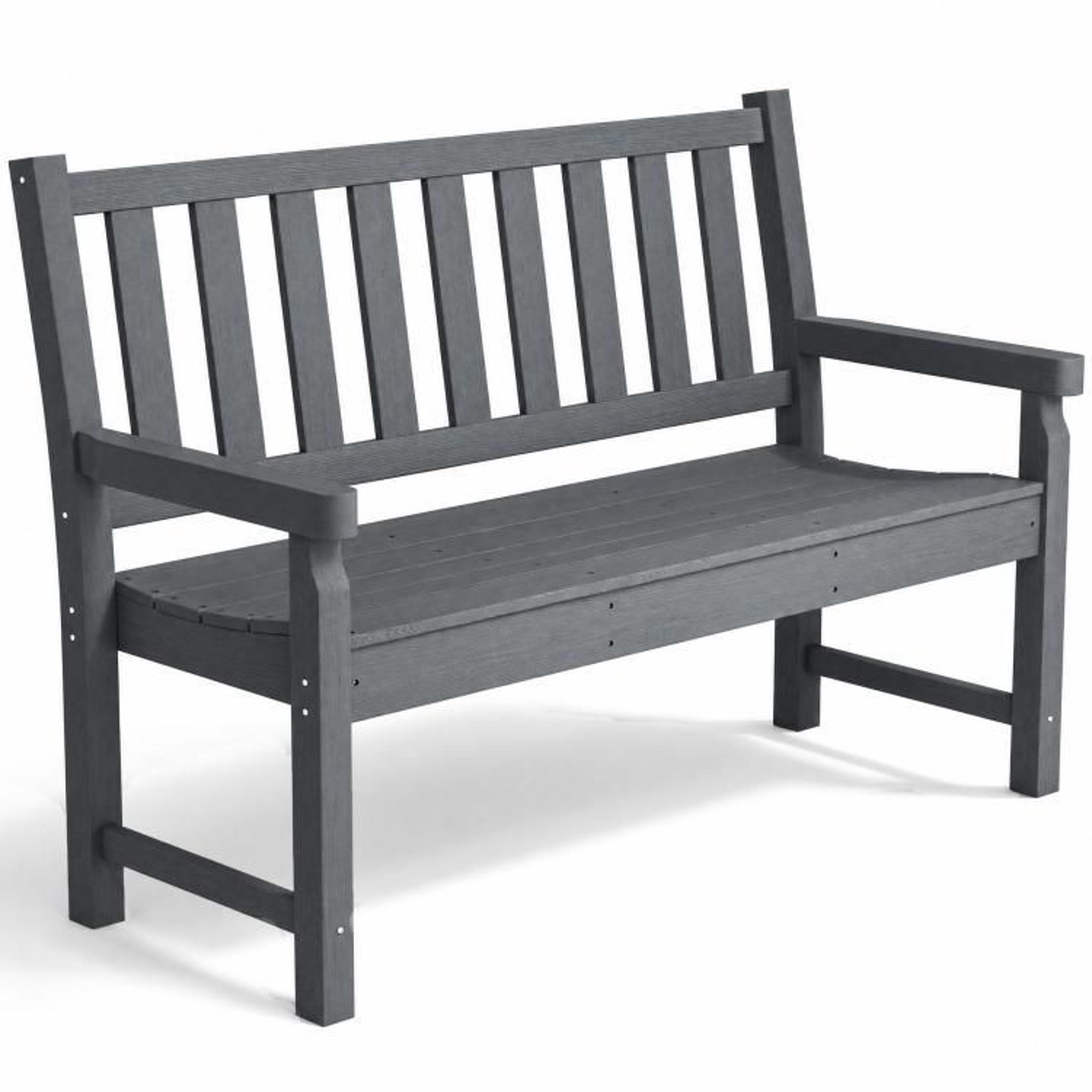 2-person hdpe outdoor garden bench with curved seat and wood-grain finish gray