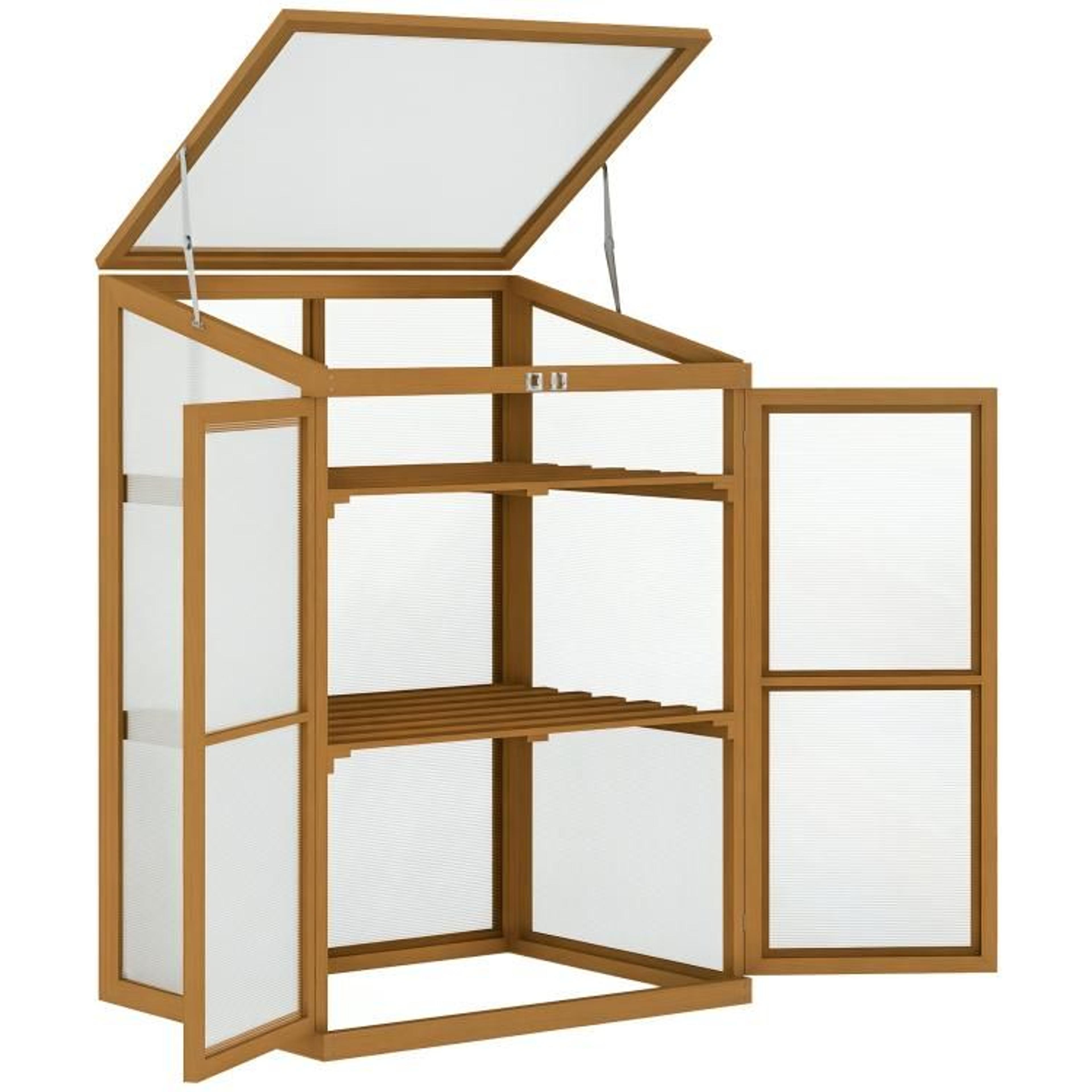 wooden cold frame greenhouse with removable shelves and double doors