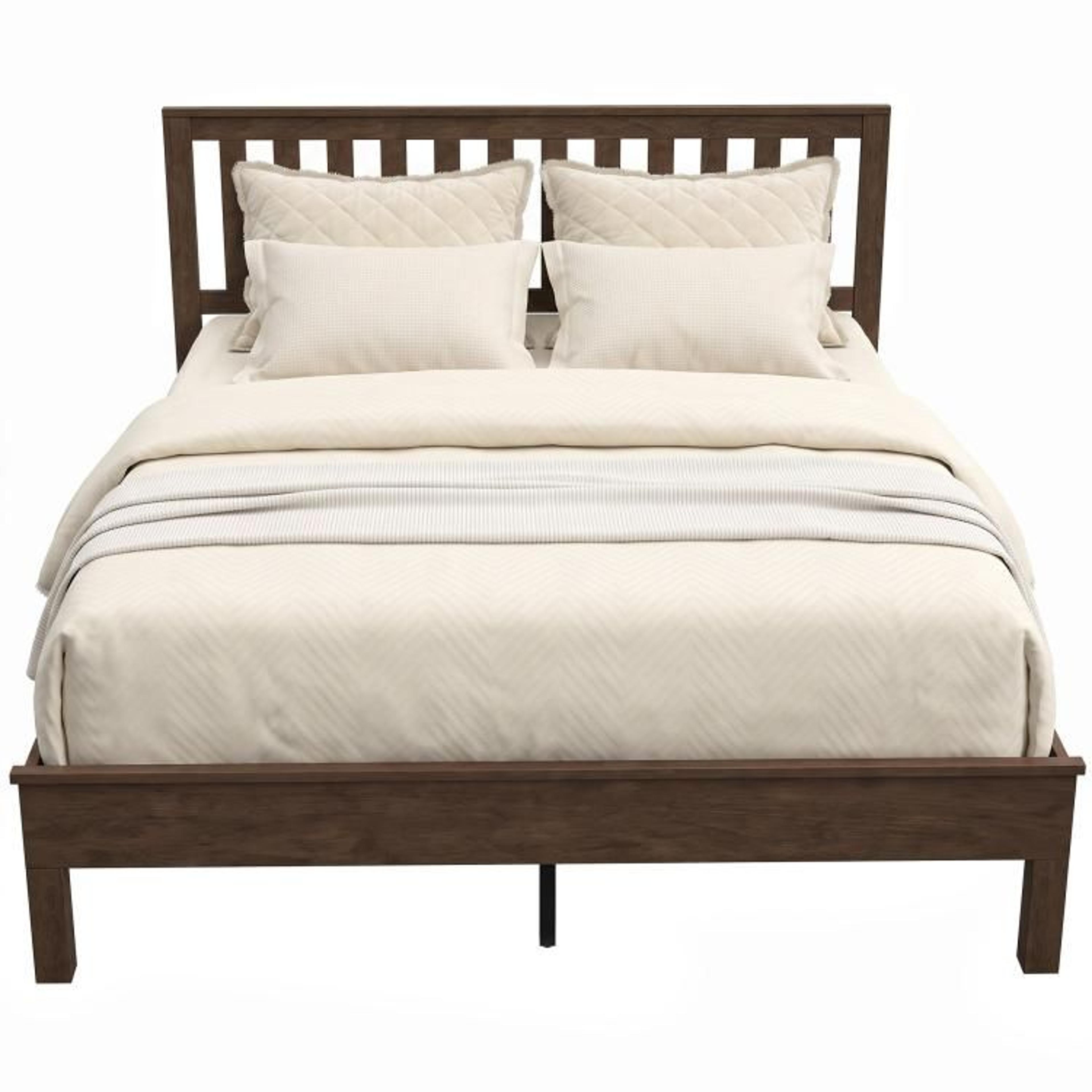 queen size wood platform bed frame with headboard and footboard in walnut