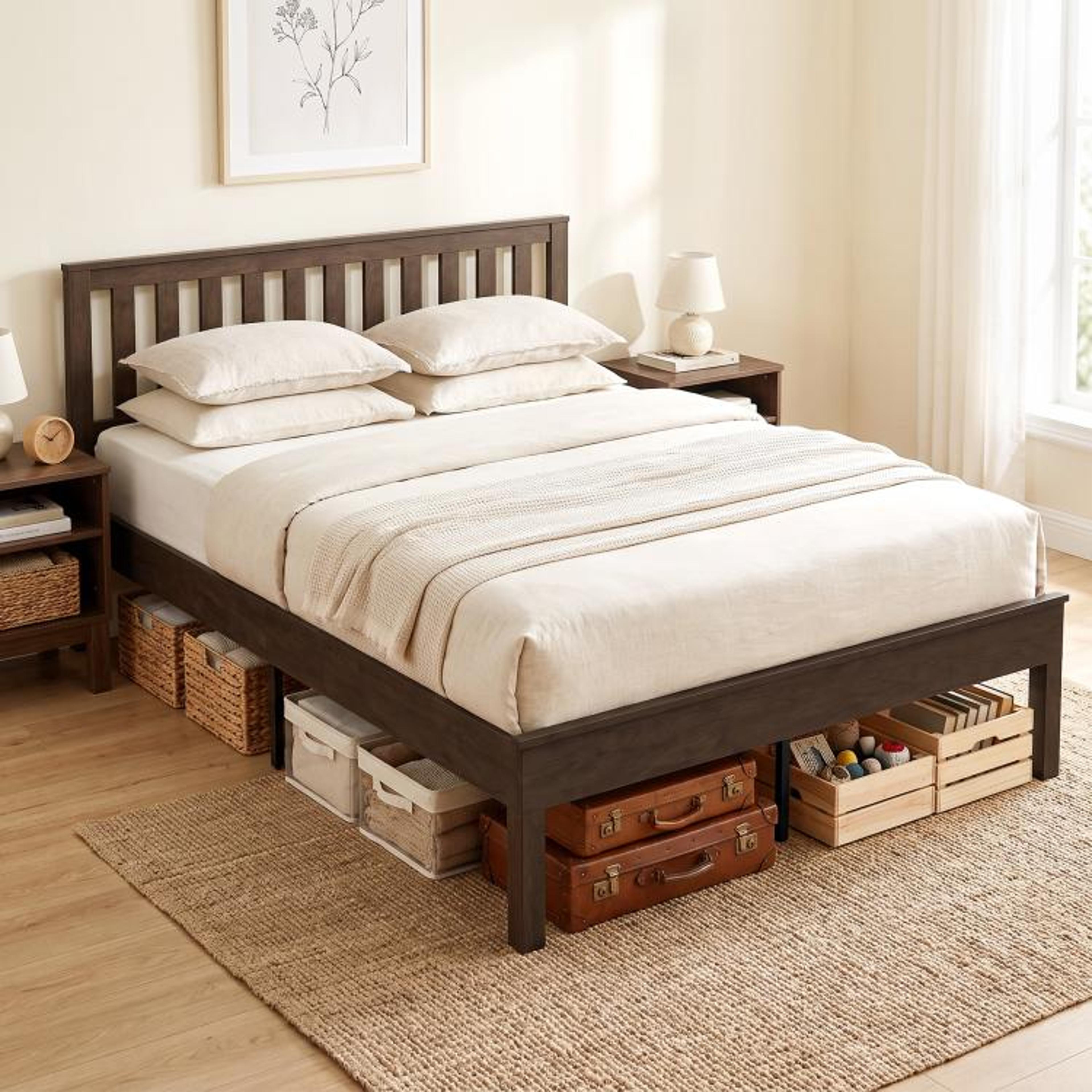 Queen Size Wood Platform Bed Frame With Headboard And Footboard In Walnut 3