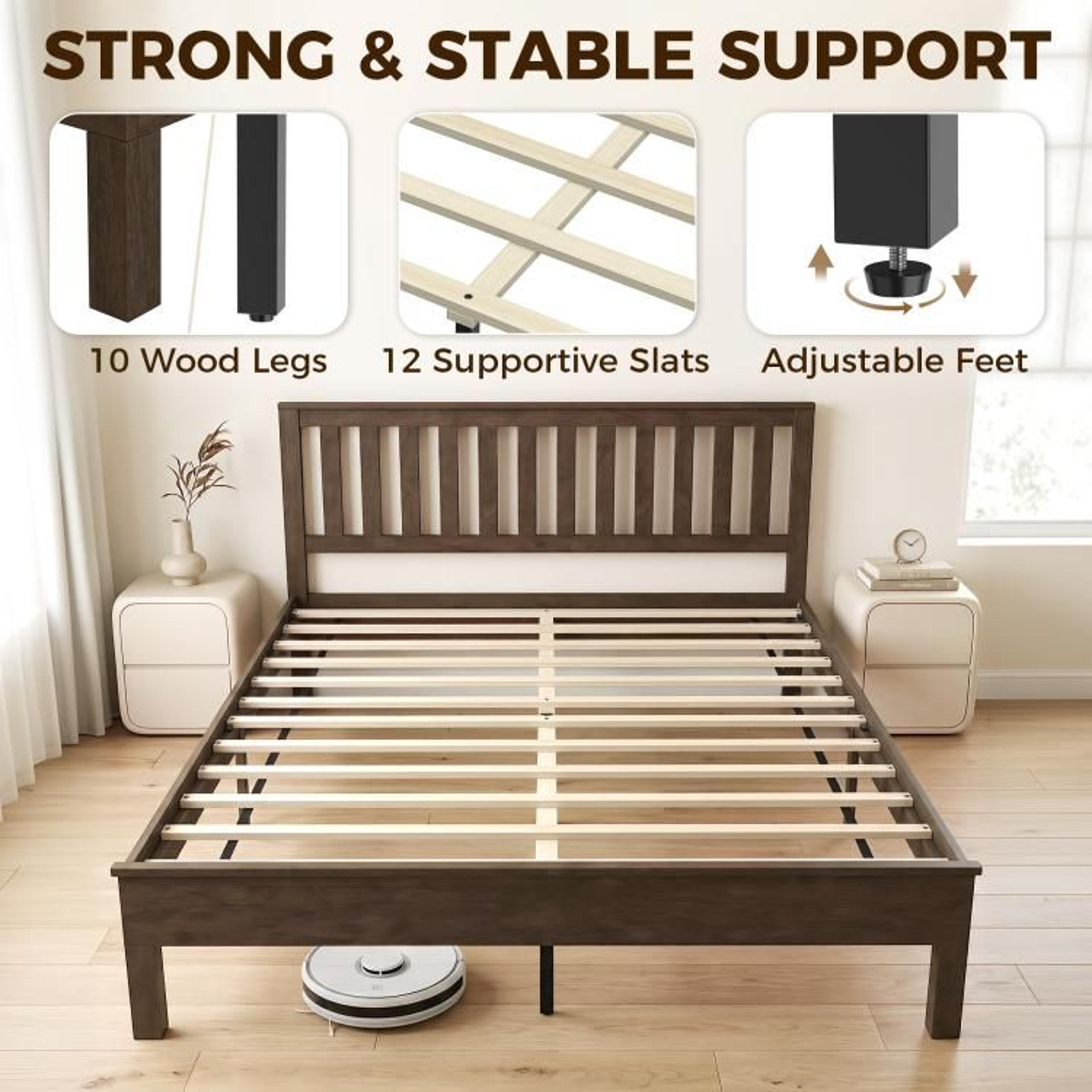 Queen Size Wood Platform Bed Frame With Headboard And Footboard In Walnut 6