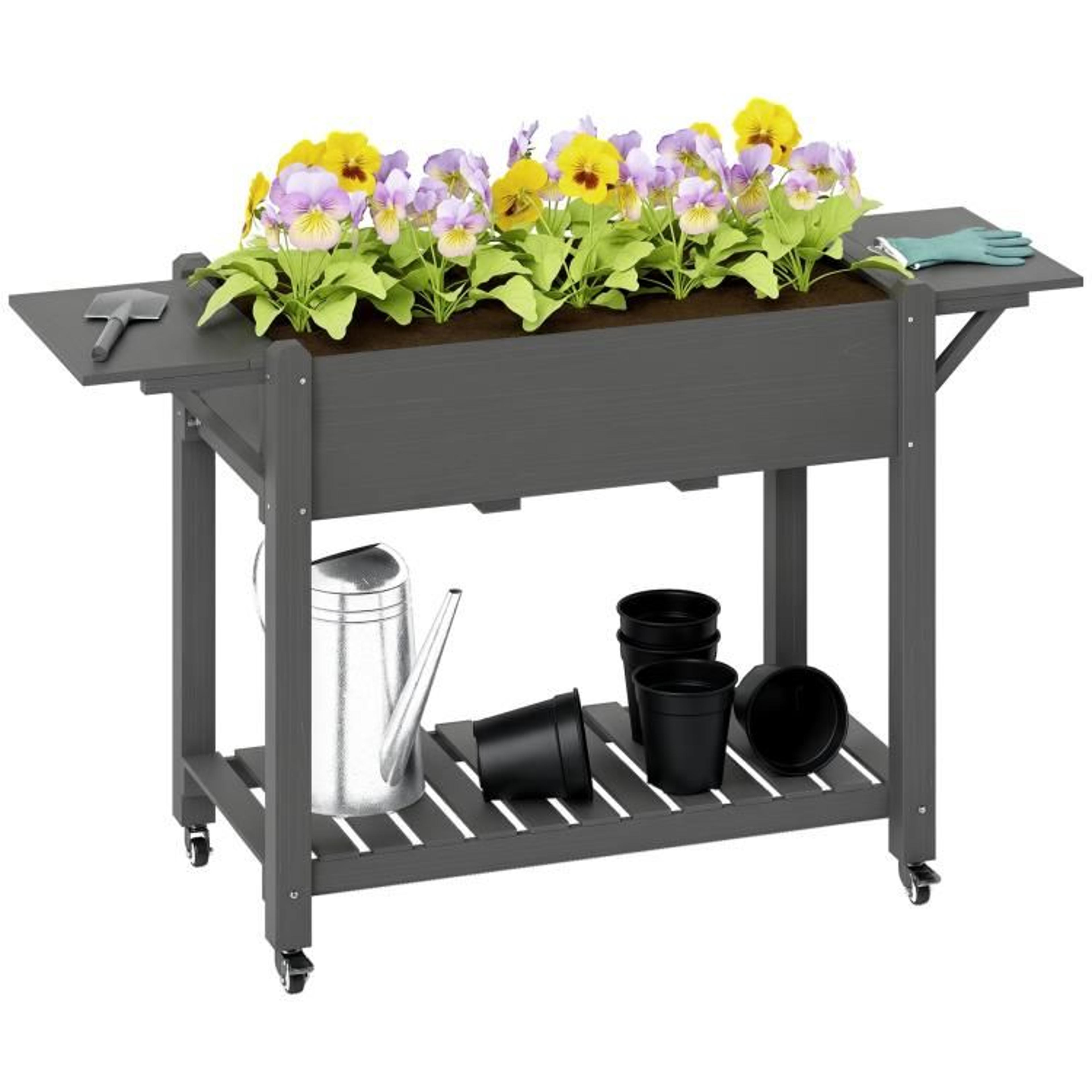 wood raised planter box with lockable wheels and foldable side tables gray