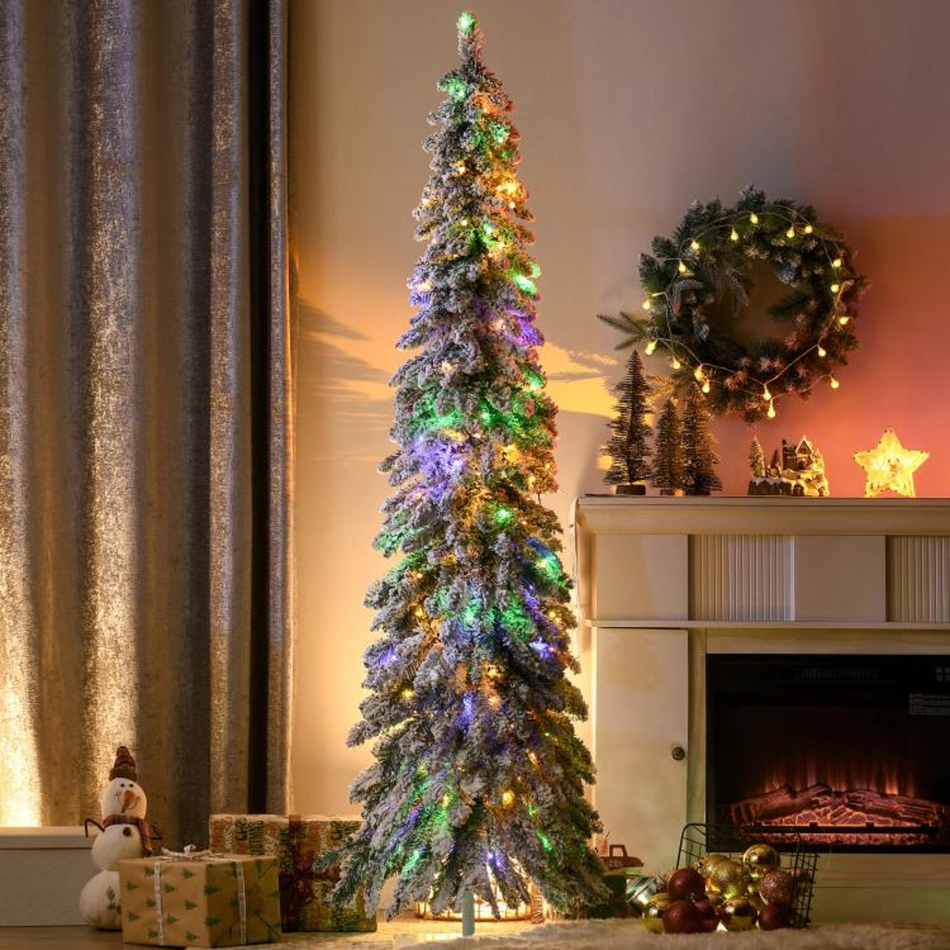 6 Ft Slim Flocked Christmas Tree With LED Lights And Snowy Downswept Branches 2