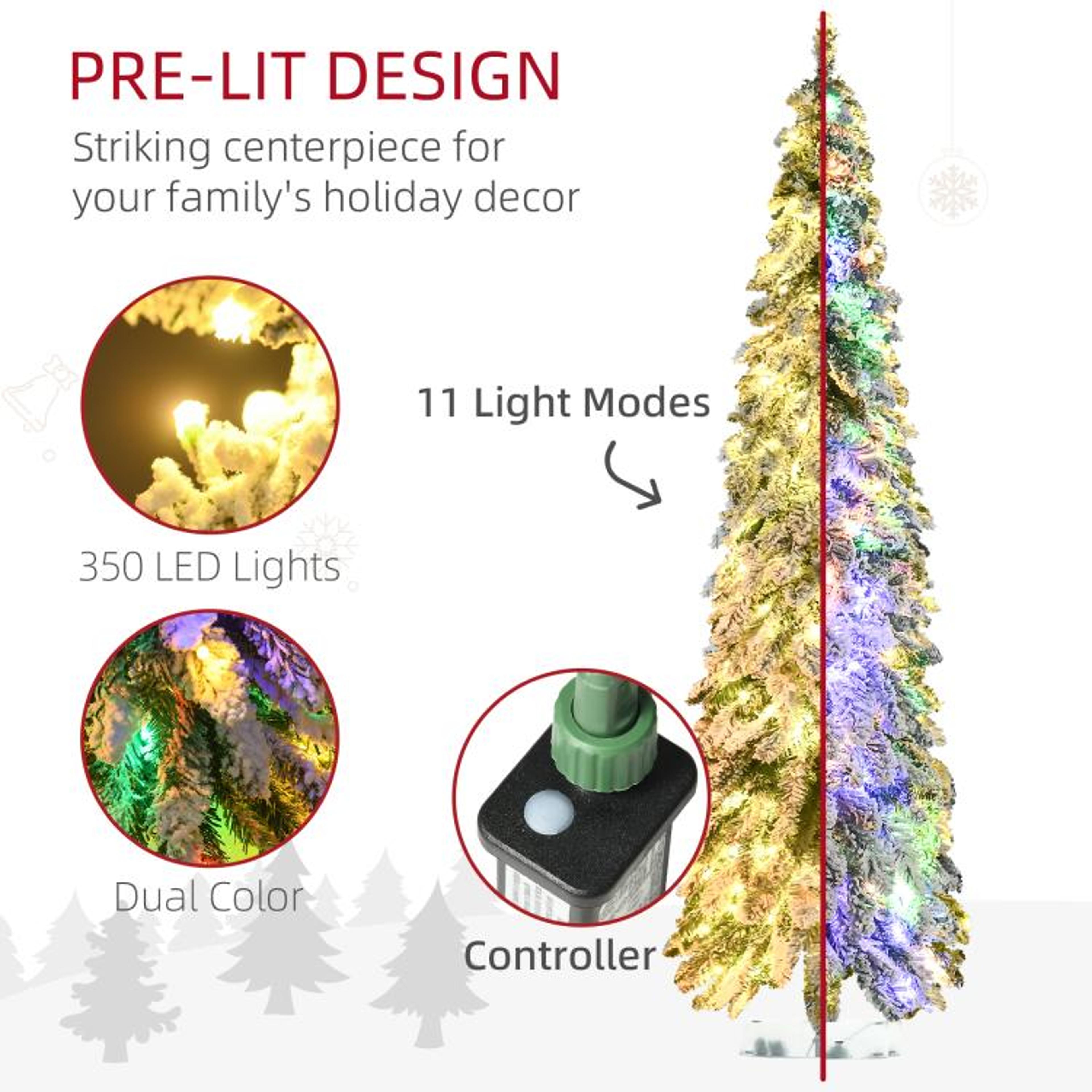 6 Ft Slim Flocked Christmas Tree With LED Lights And Snowy Downswept Branches 4