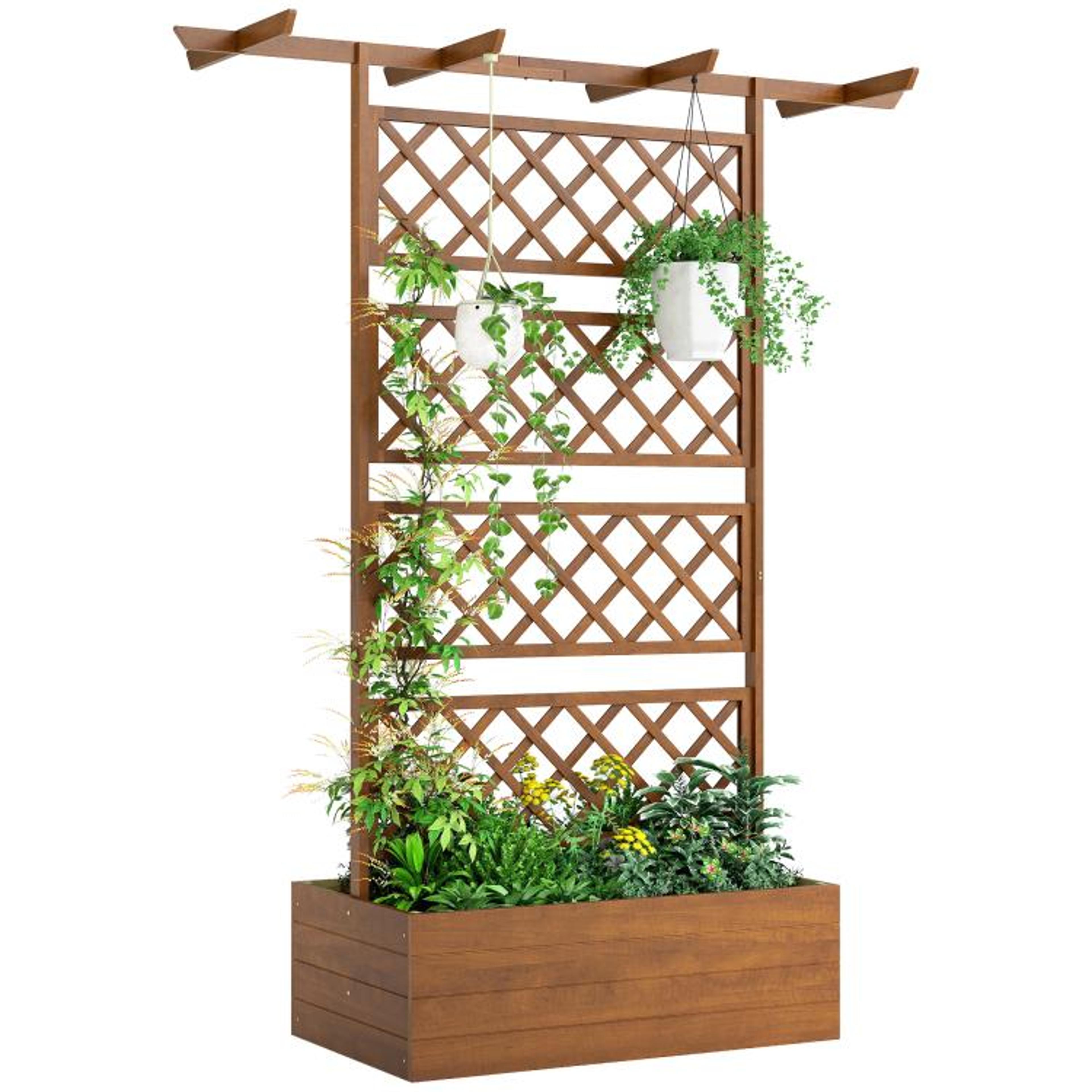 wooden raised garden bed with trellis and pergola roof for climbing plants