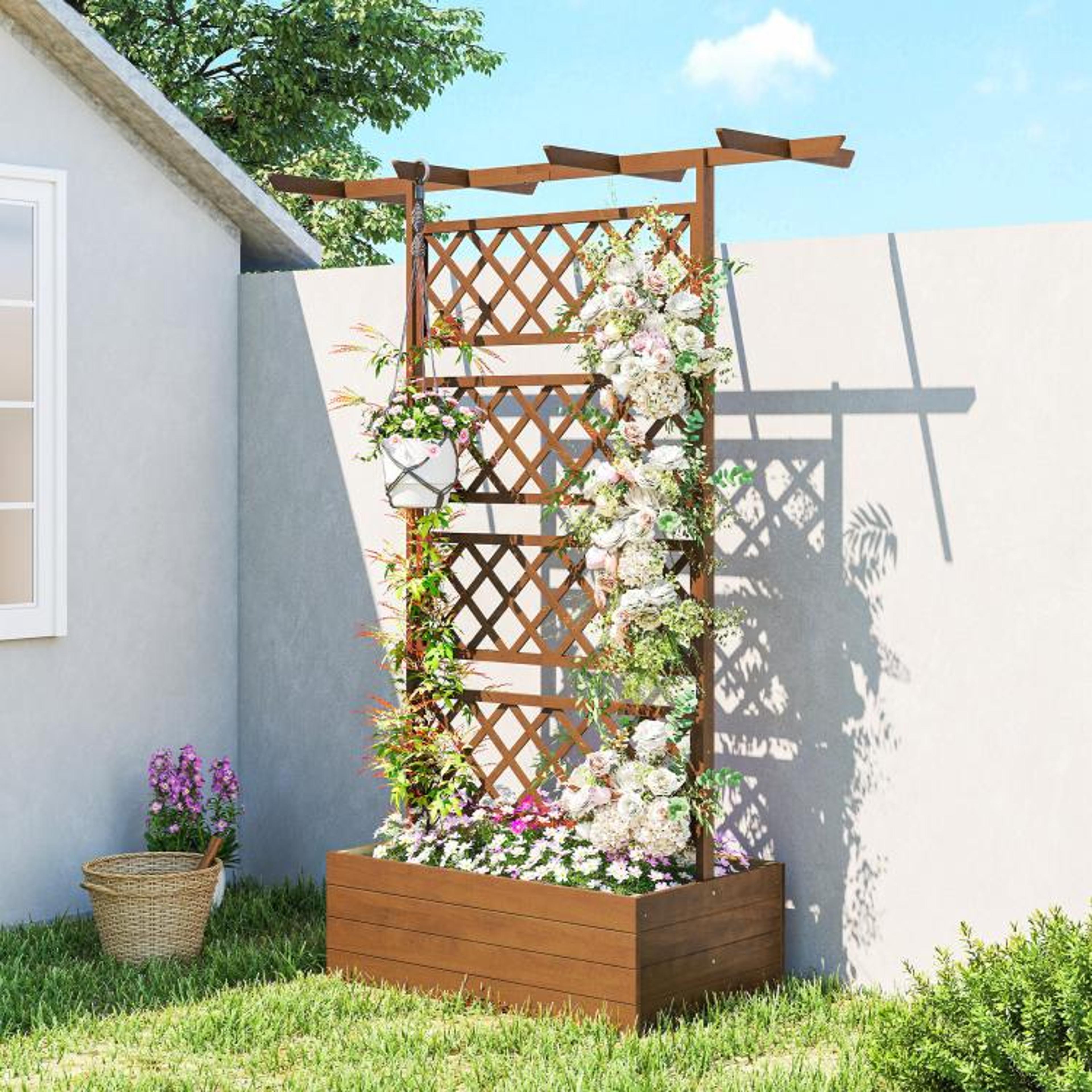 Wooden Raised Garden Bed With Trellis And Pergola Roof For Climbing Plants 2