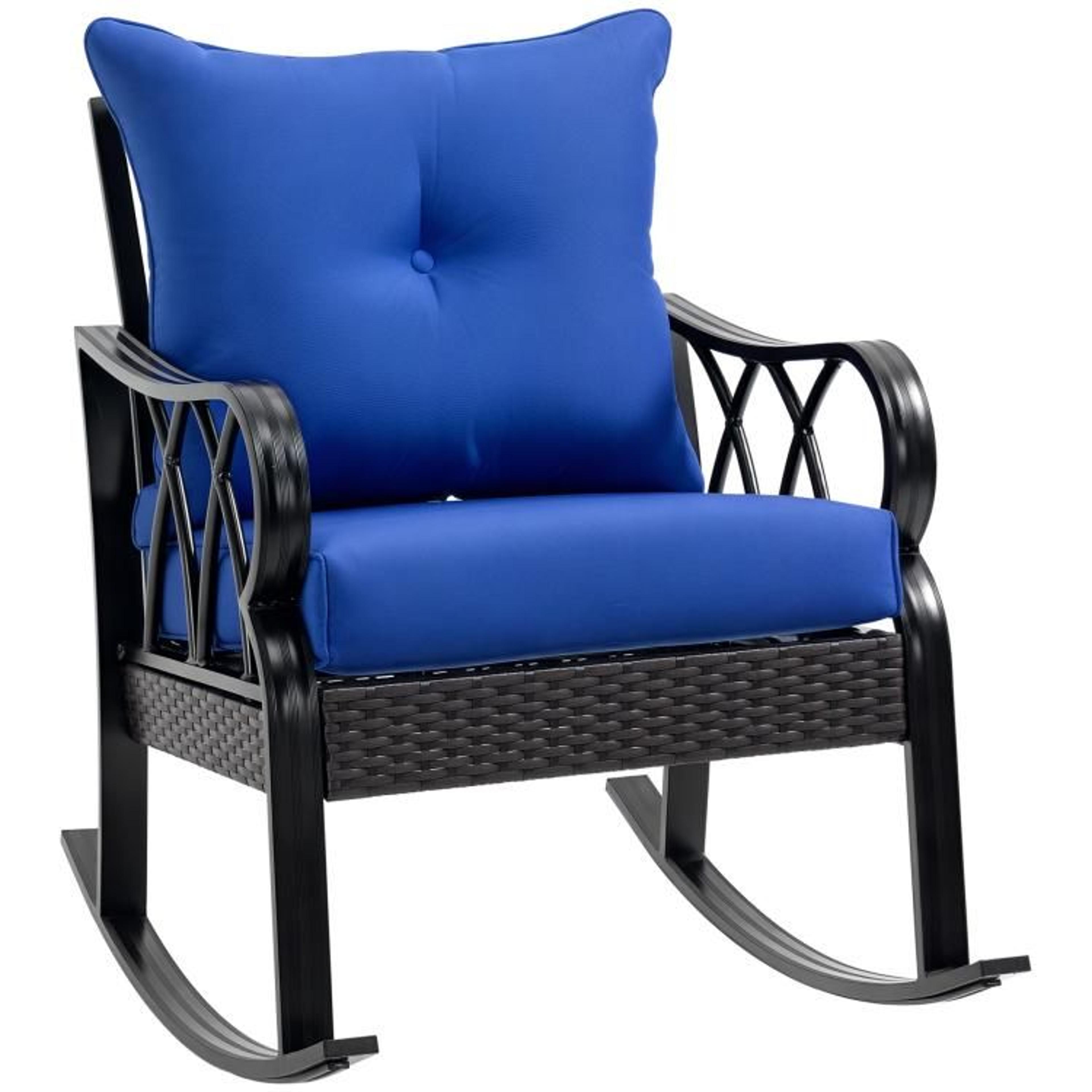 outdoor wicker rocking chair with padded cushions and aluminum frame  blue
