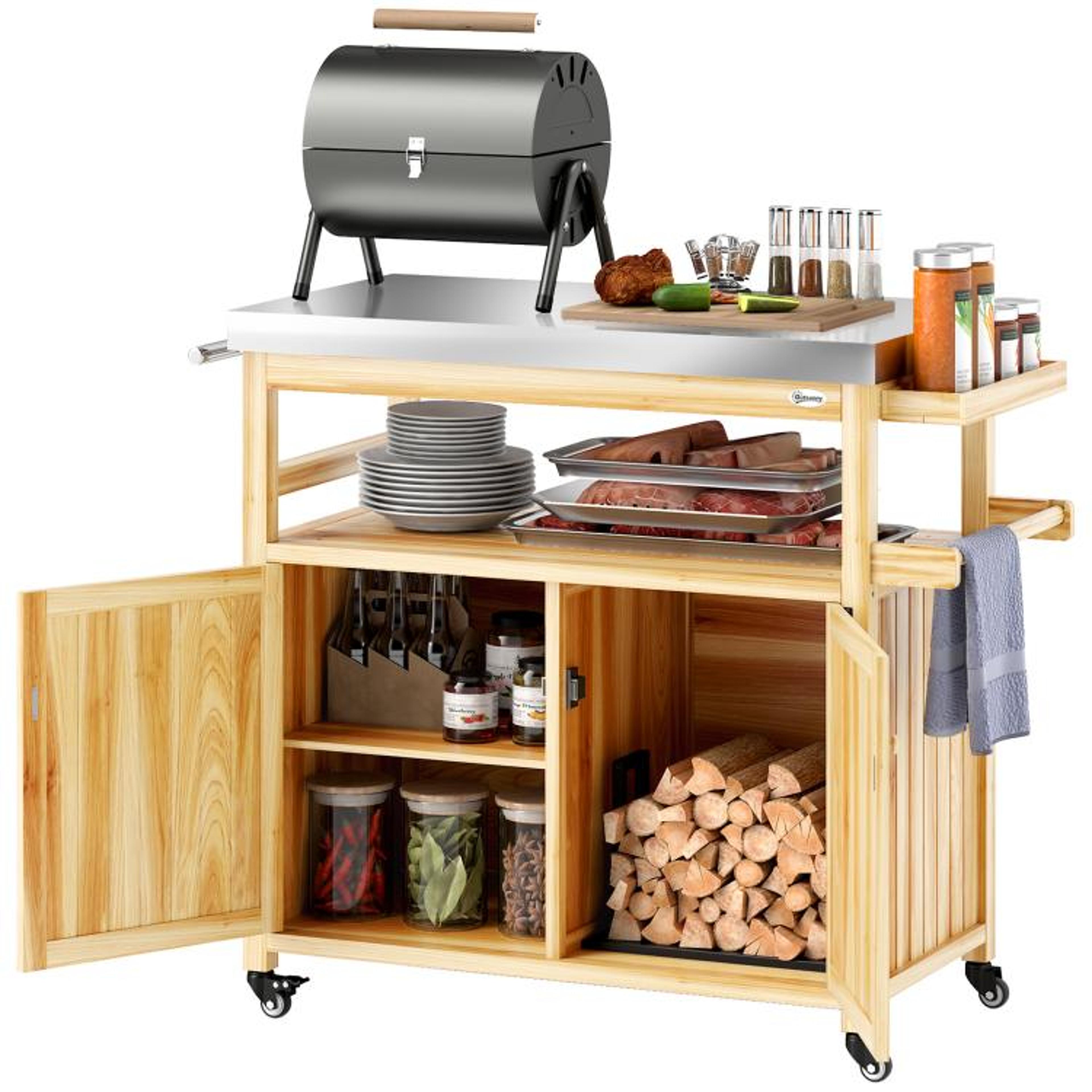 outdoor grill cart with stainless steel top and solid wood storage cabinets