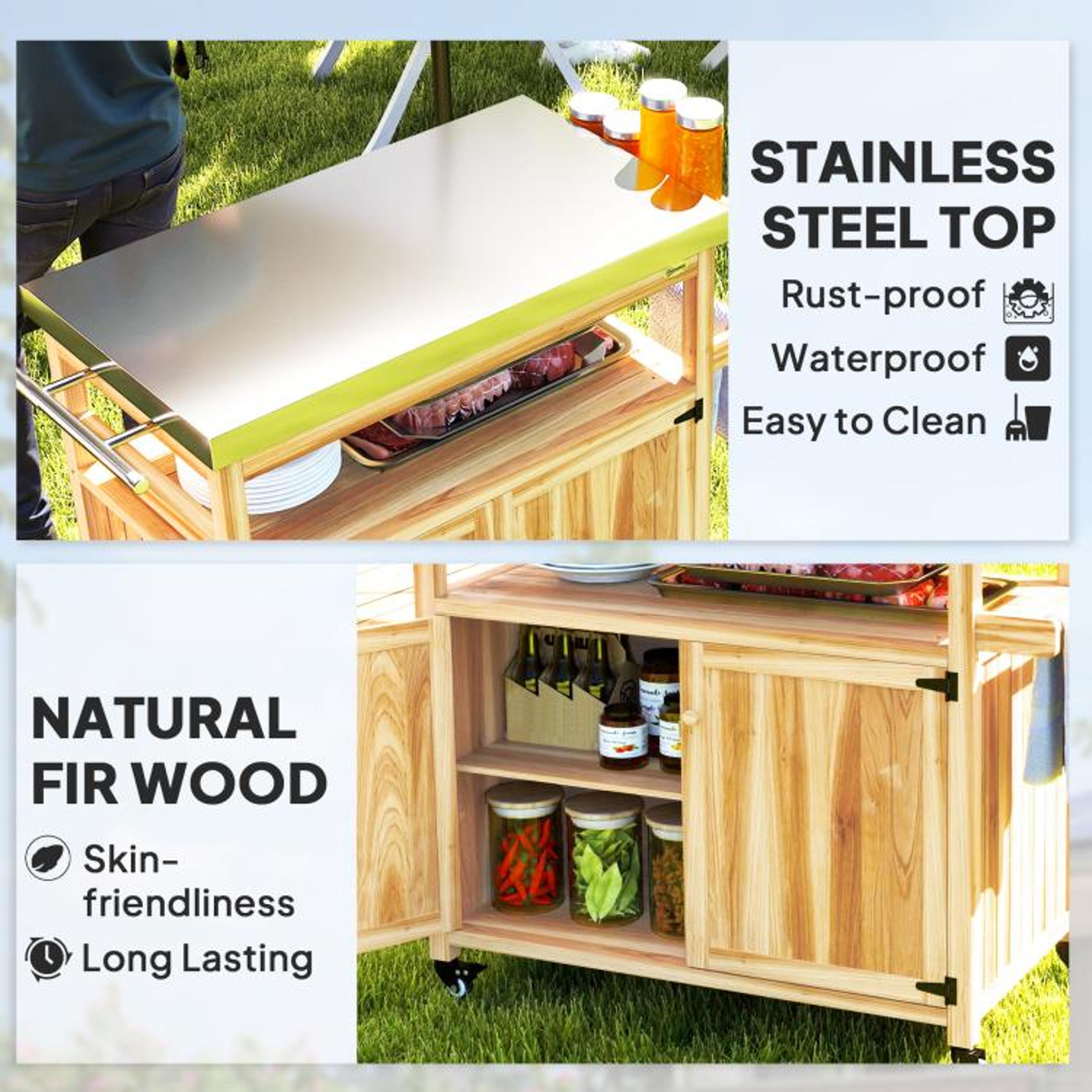 Outdoor Grill Cart With Stainless Steel Top And Solid Wood Storage Cabinets 1