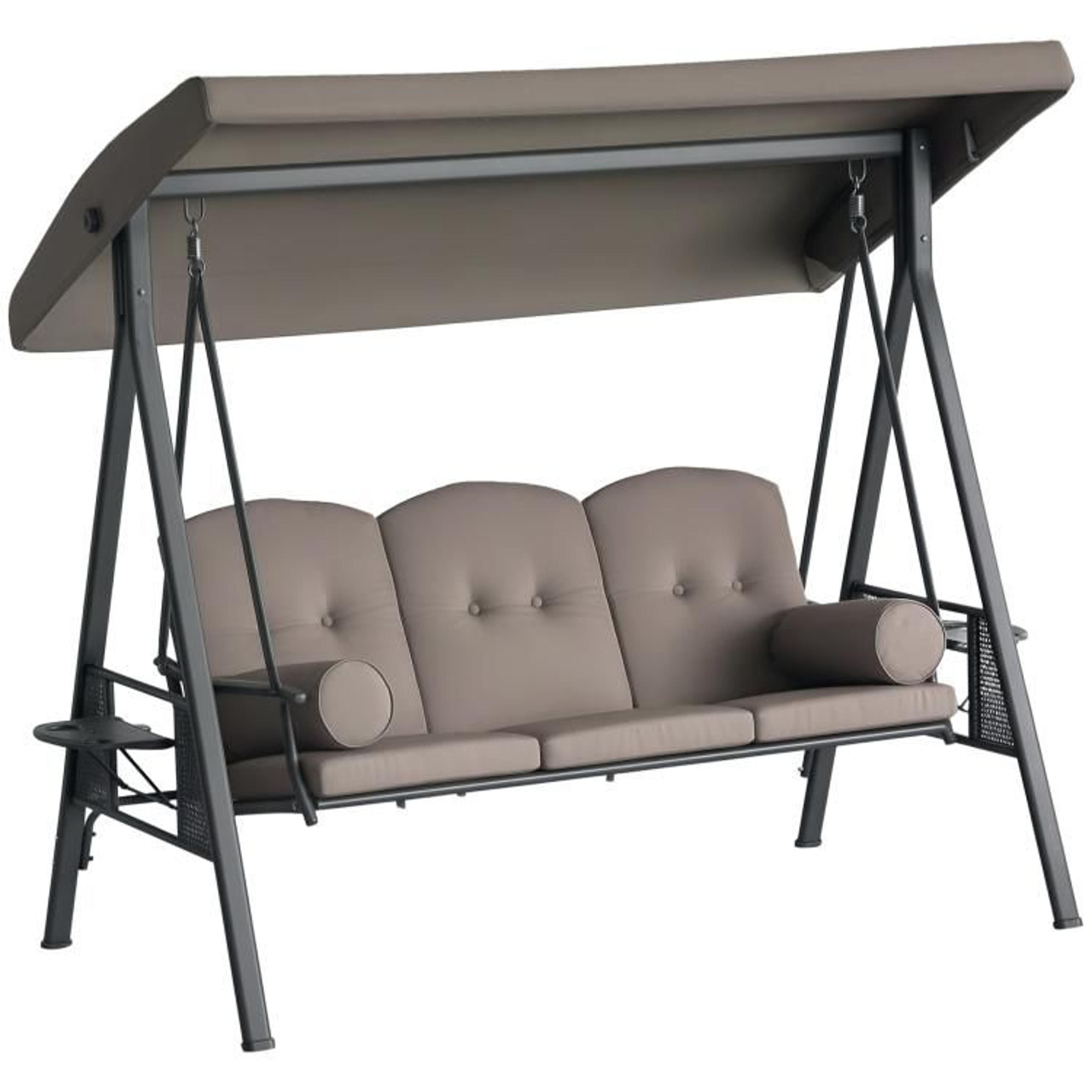 3-seat outdoor patio swing chair with adjustable canopy and cushions  brown