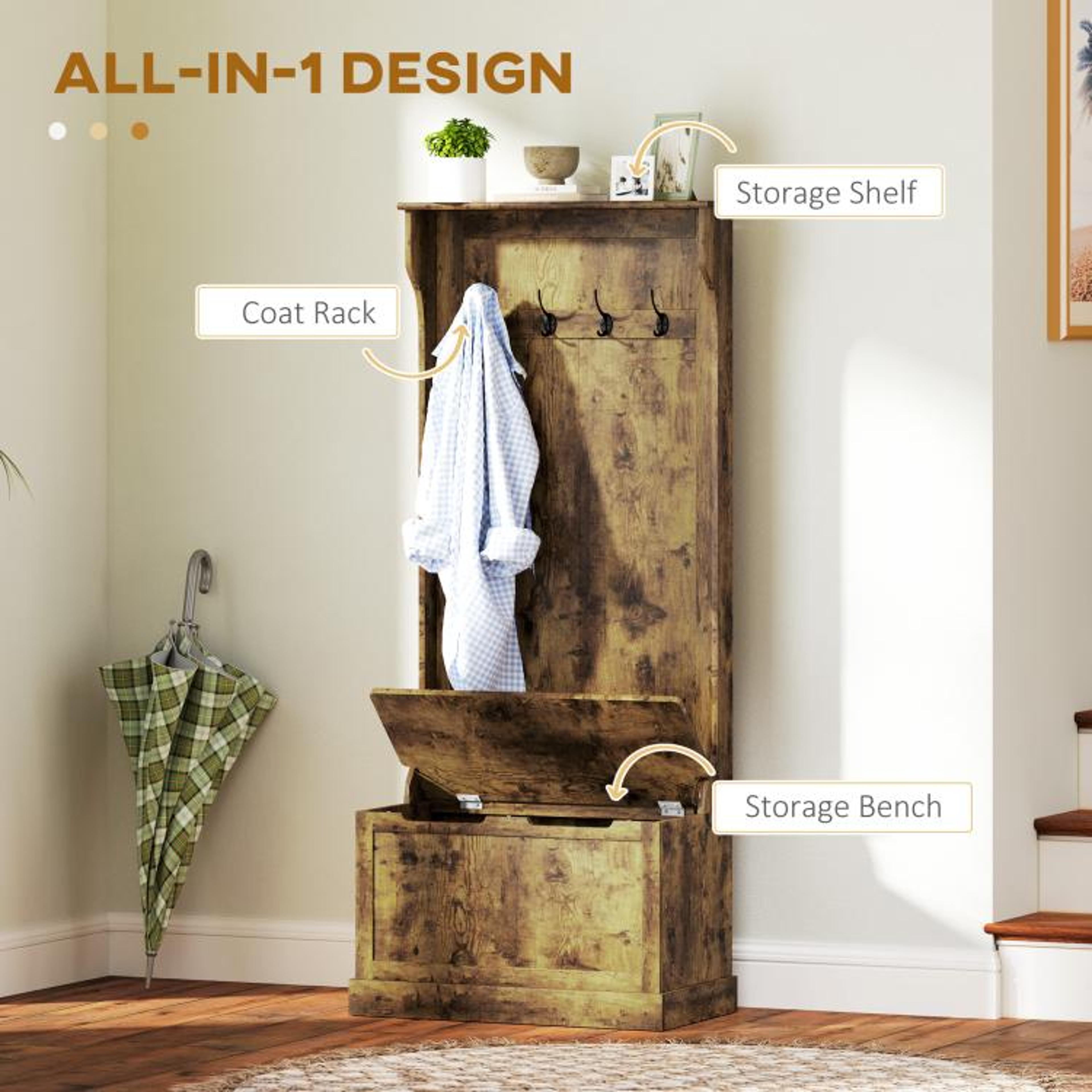 Hall Tree With Coat Rack And Shoe Storage Bench  Rustic Brown 2