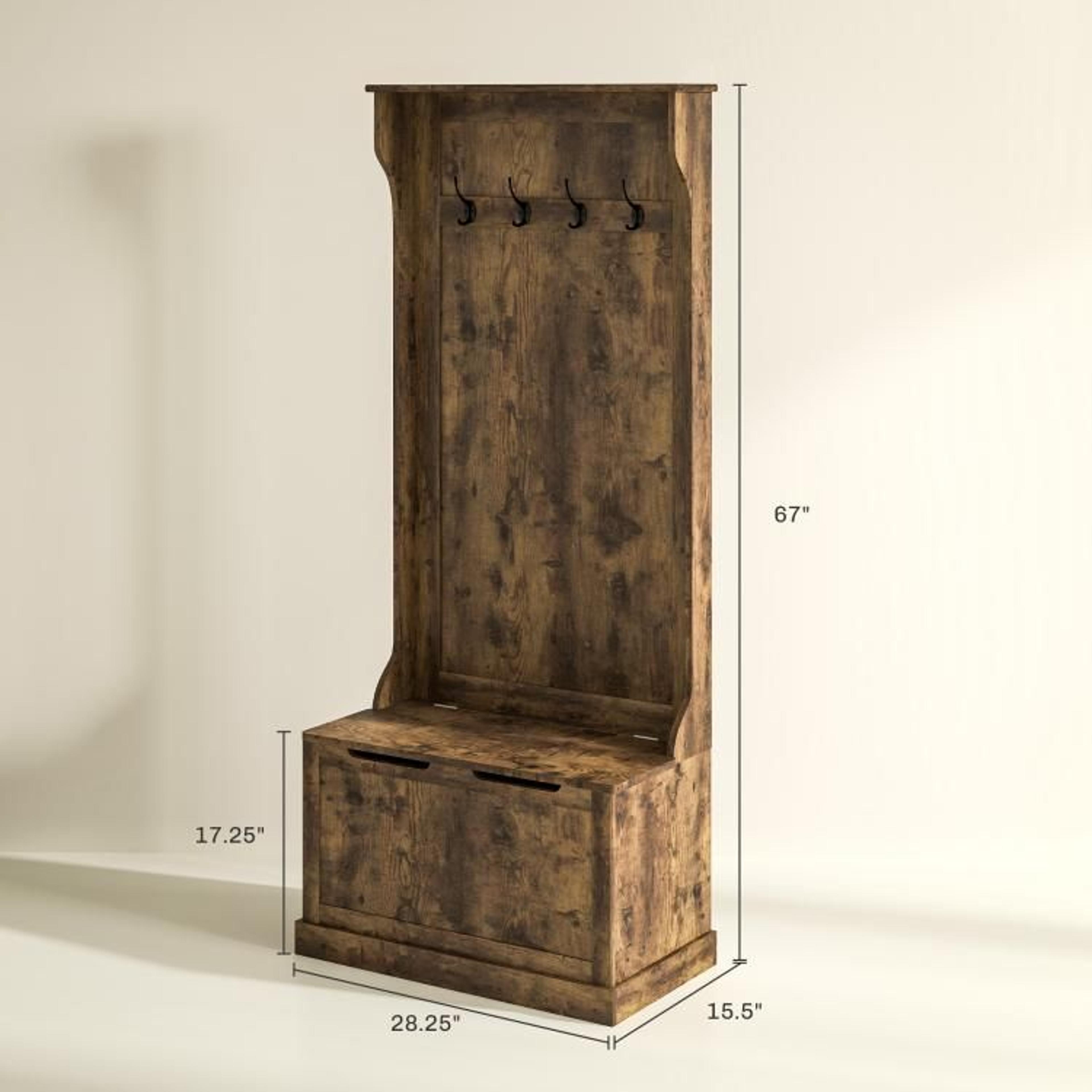 Hall Tree With Coat Rack And Shoe Storage Bench  Rustic Brown 3