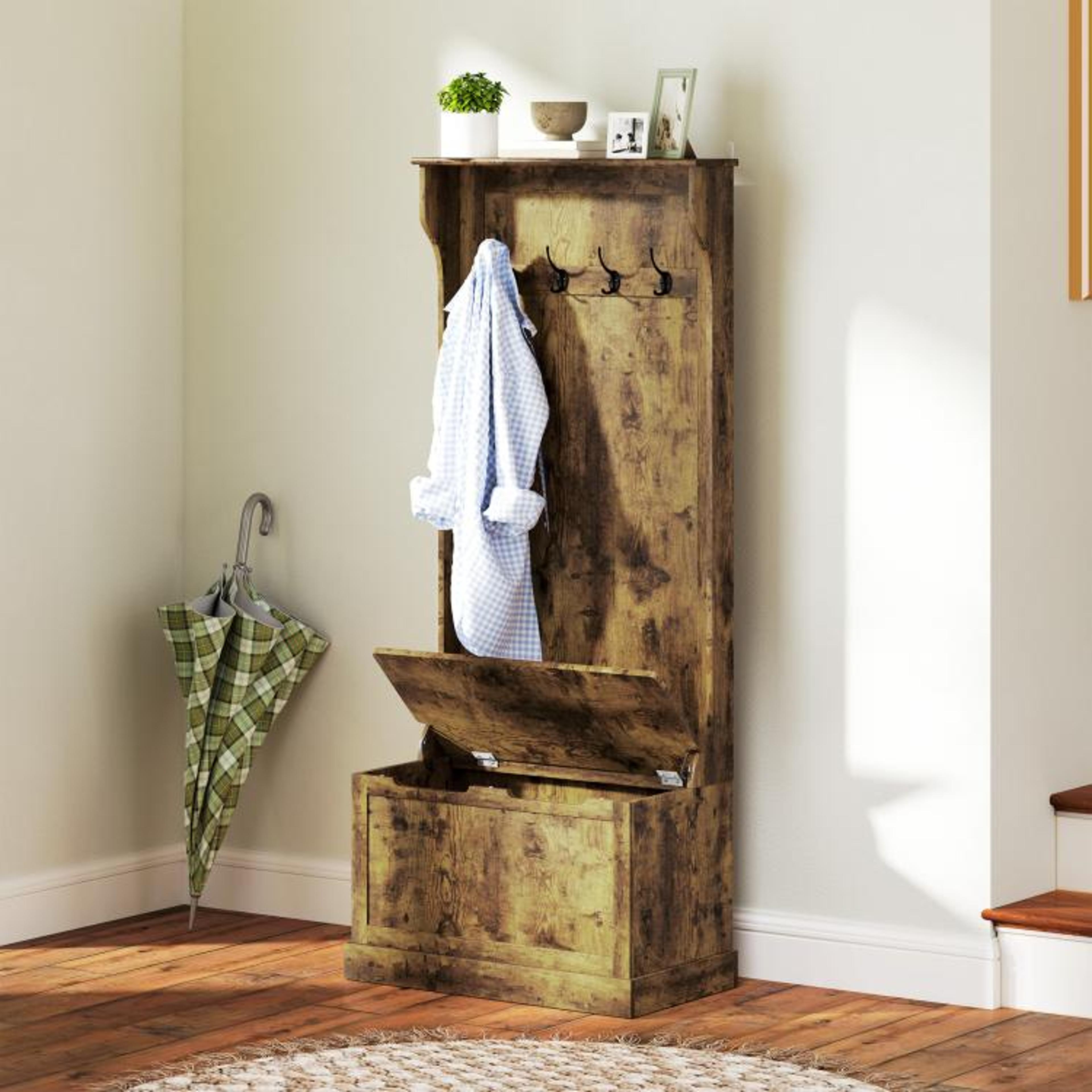Hall Tree With Coat Rack And Shoe Storage Bench  Rustic Brown 4