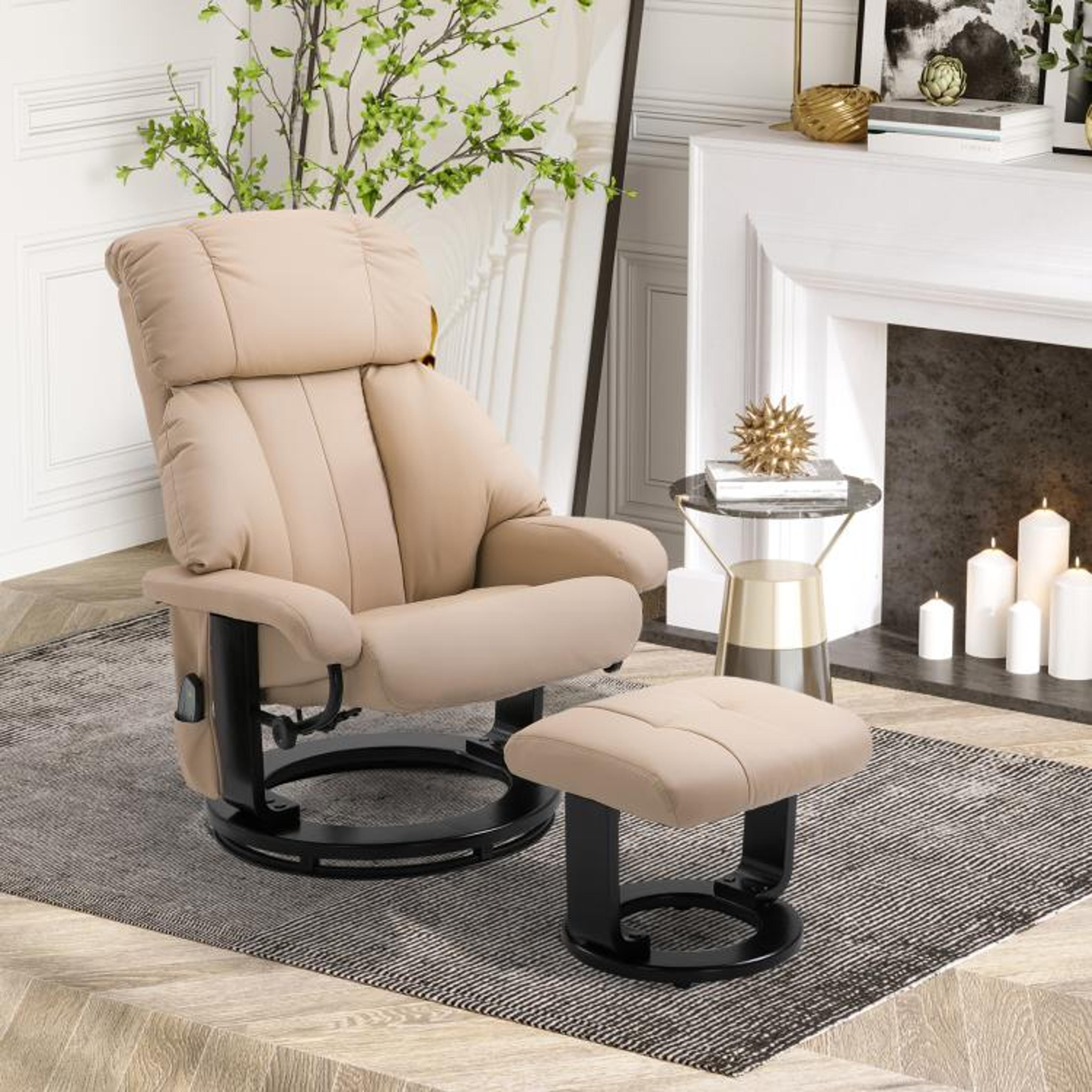 Massage Recliner Chair With Ottoman And 360 Swivel Base In Beige Faux Leather 2