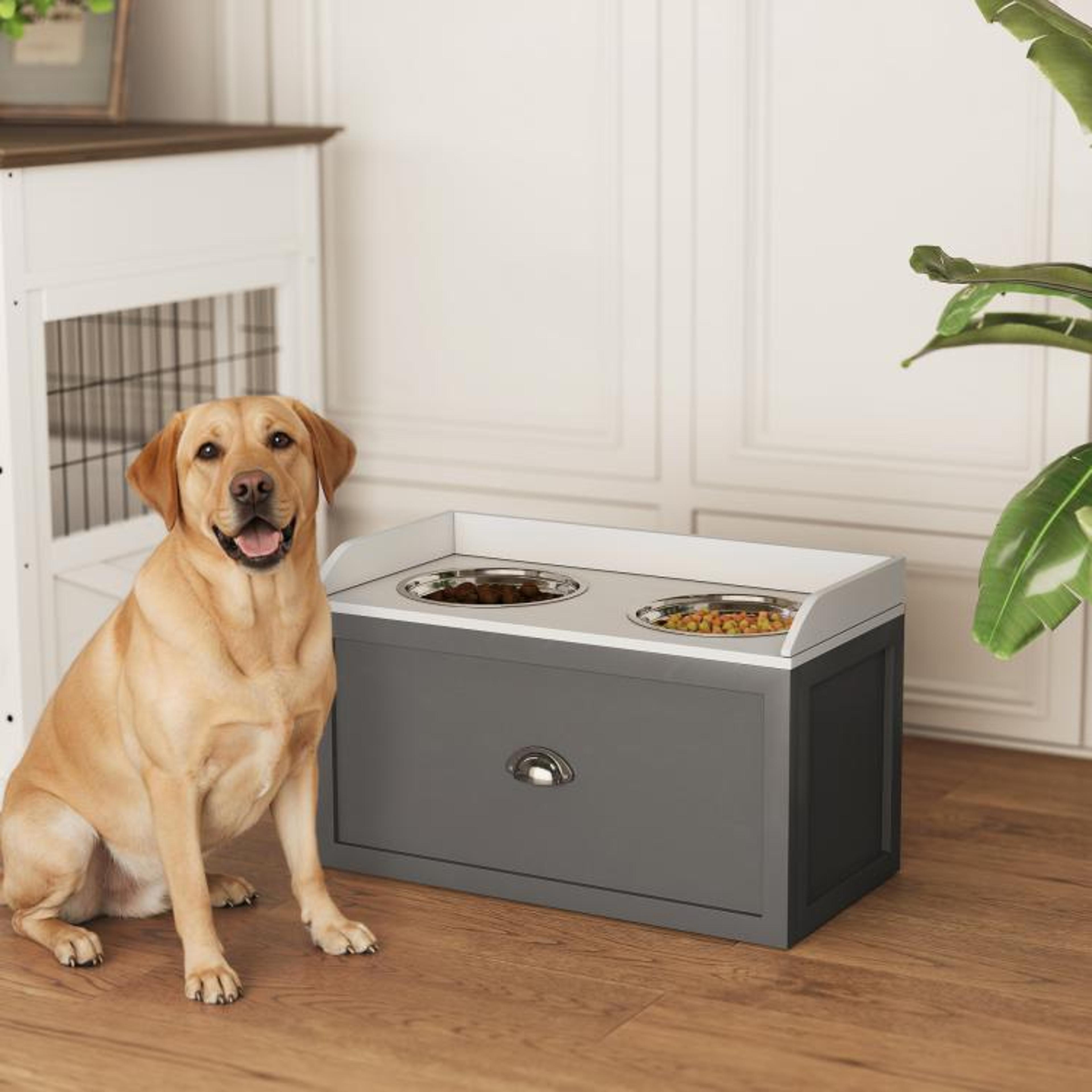 Elevated Dog Feeding Station With 2 Stainless Steel Bowls  Storage Drawer 3