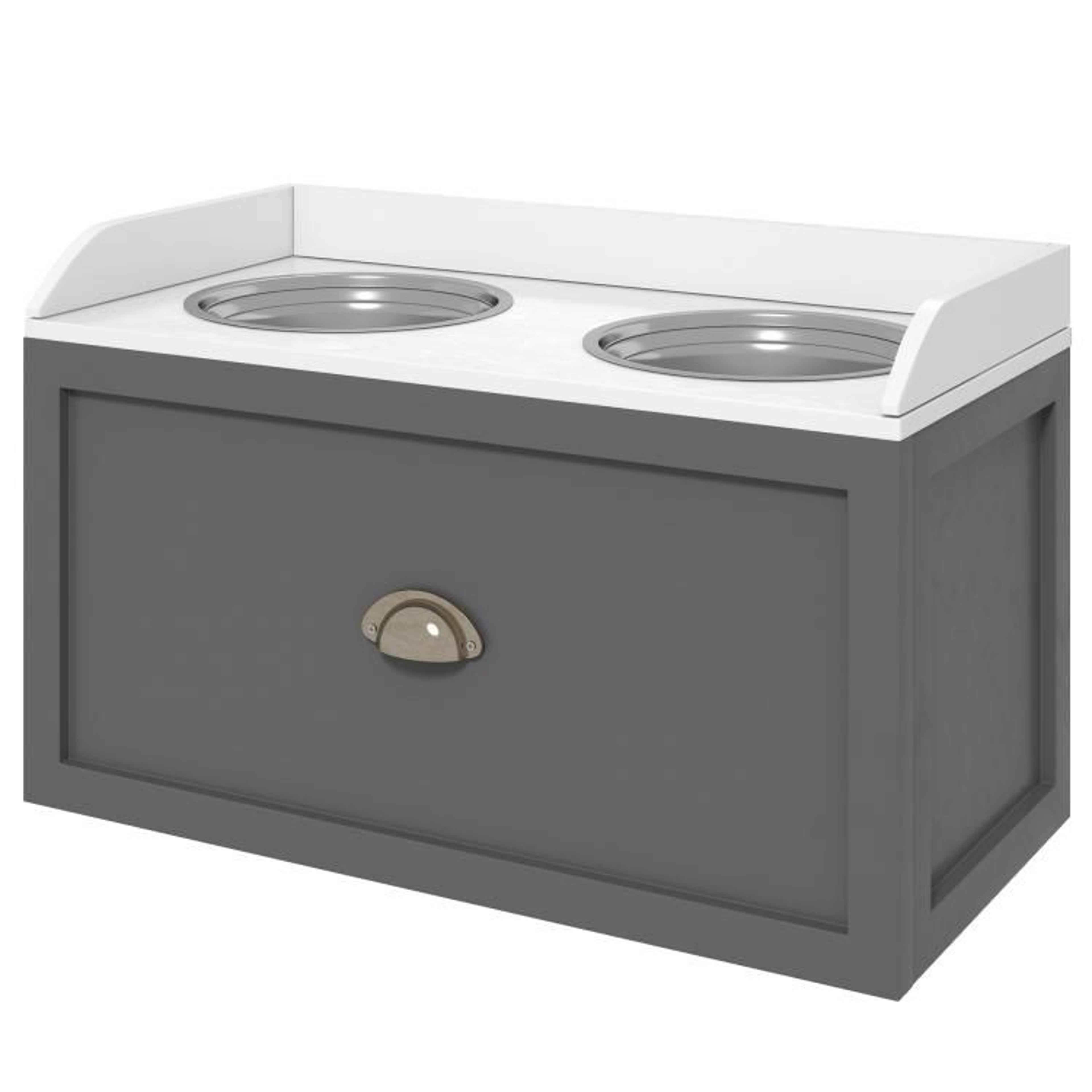 elevated dog feeding station with 2 stainless steel bowls & storage drawer