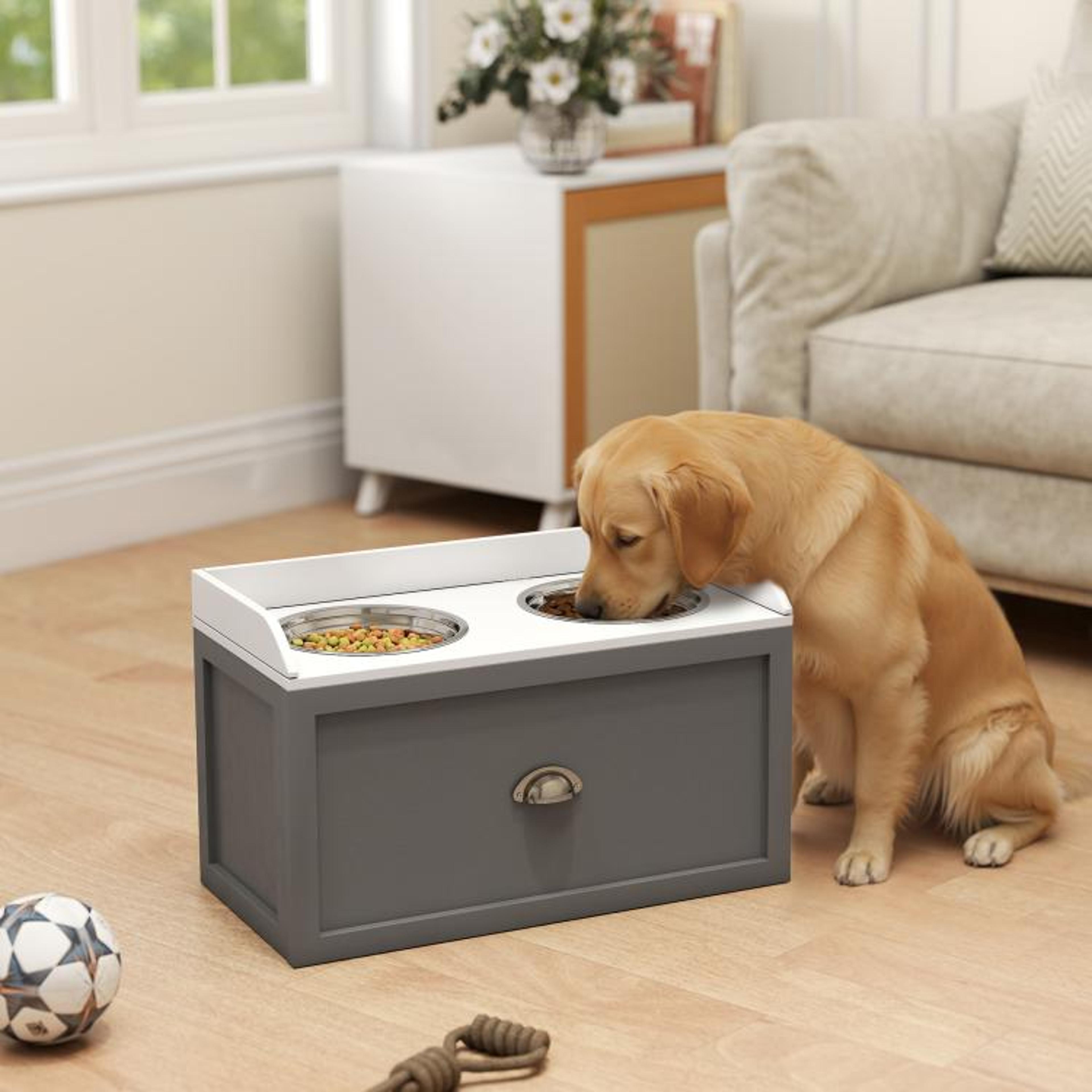 Elevated Dog Feeding Station With 2 Stainless Steel Bowls  Storage Drawer 2