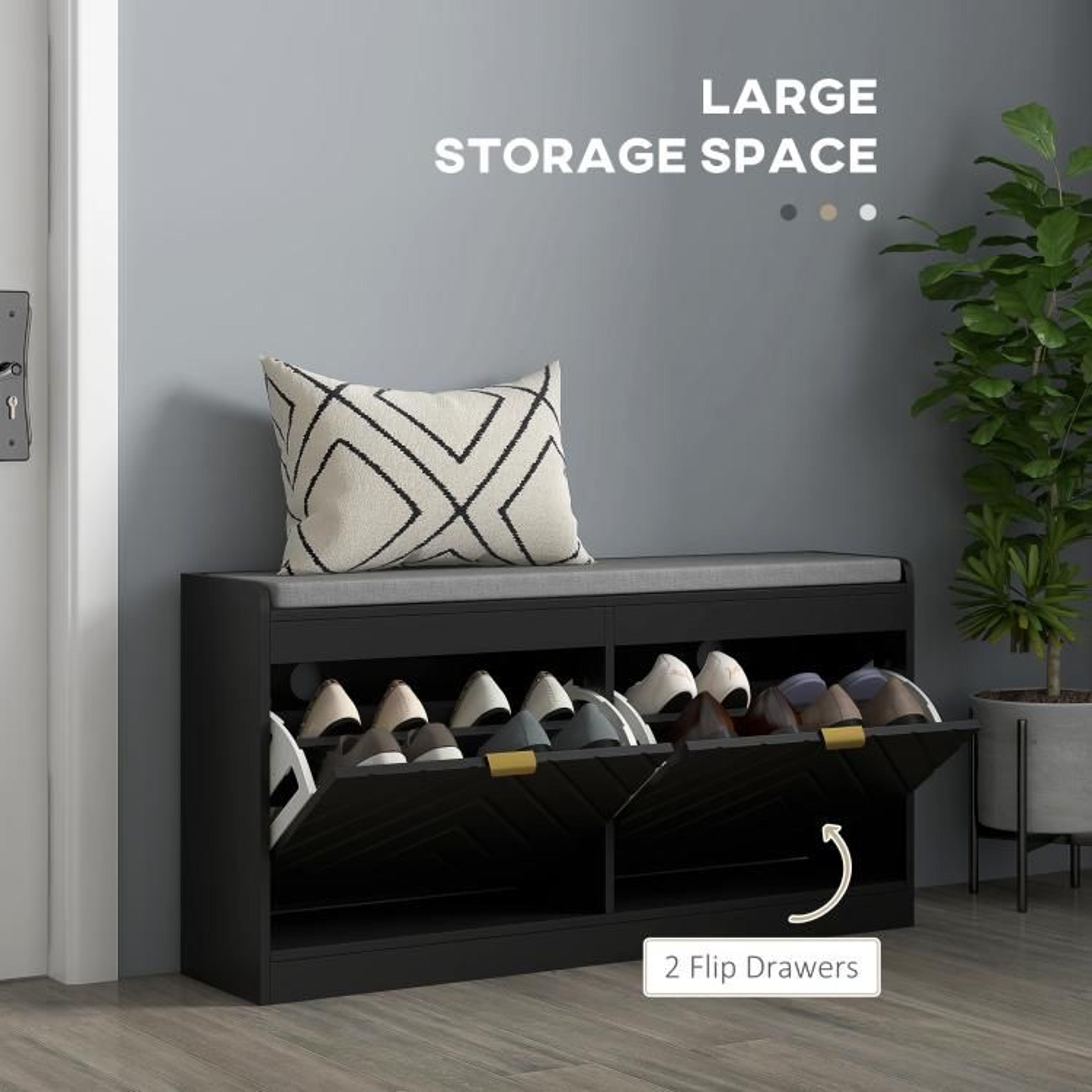 Narrow Shoe Storage Bench With Padded Seat And 2 Flip Drawers 5