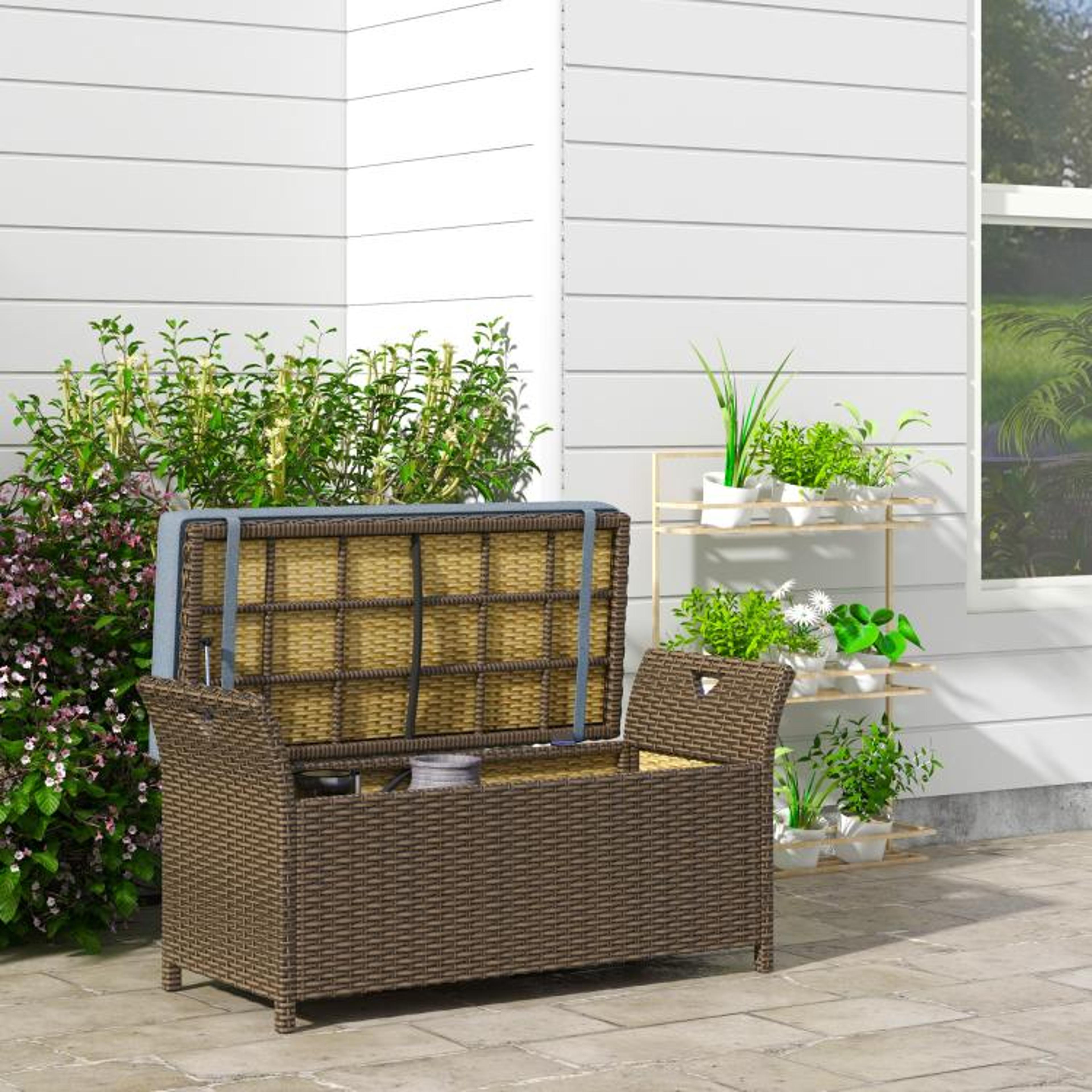 Outdoor Wicker Storage Bench With Cushion  29 Gallon 2Seater Rattan Deck Box 2