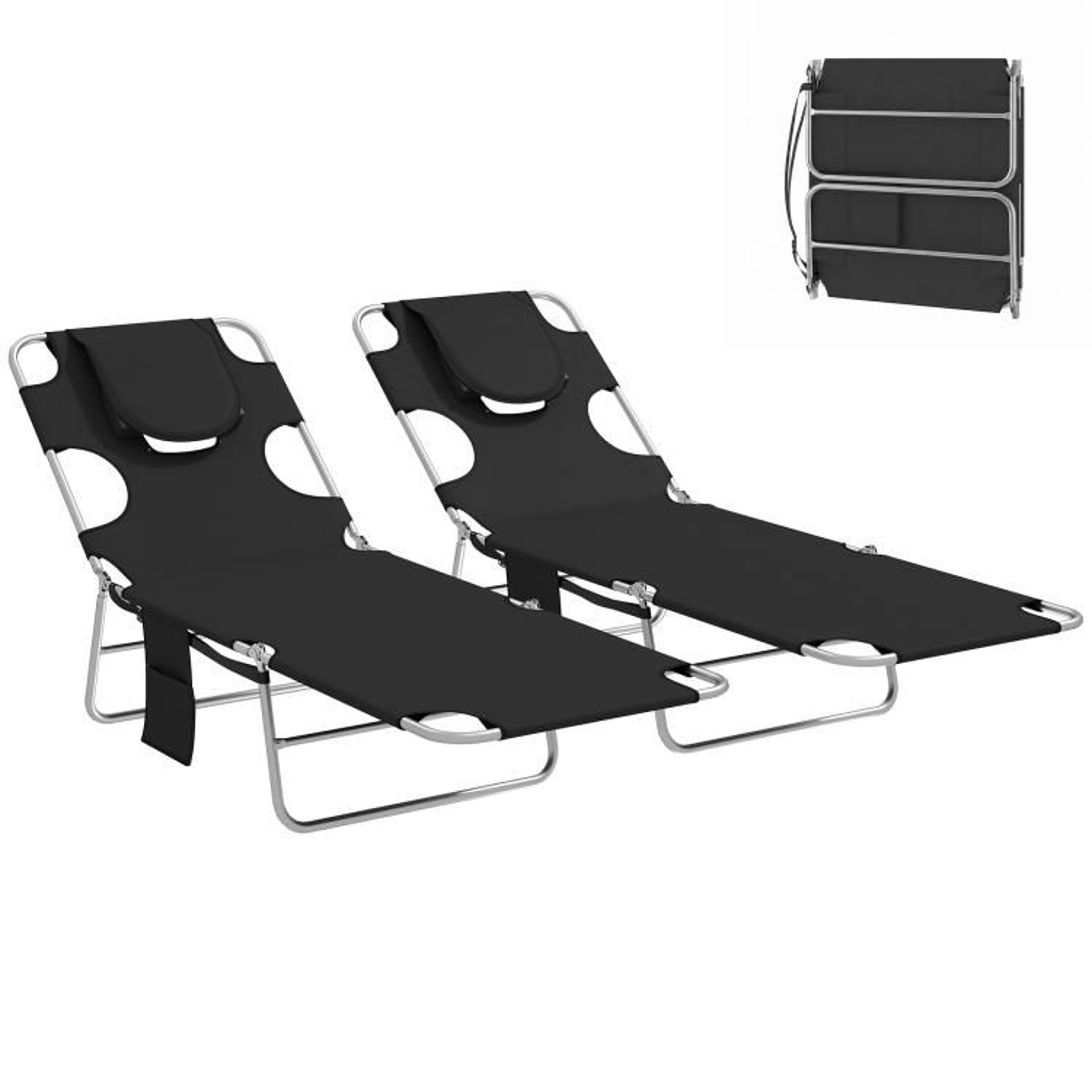 Set Of 2 Folding Tanning Lounge Chairs With Face Hole And 5 Adjustable Positions  Black 1