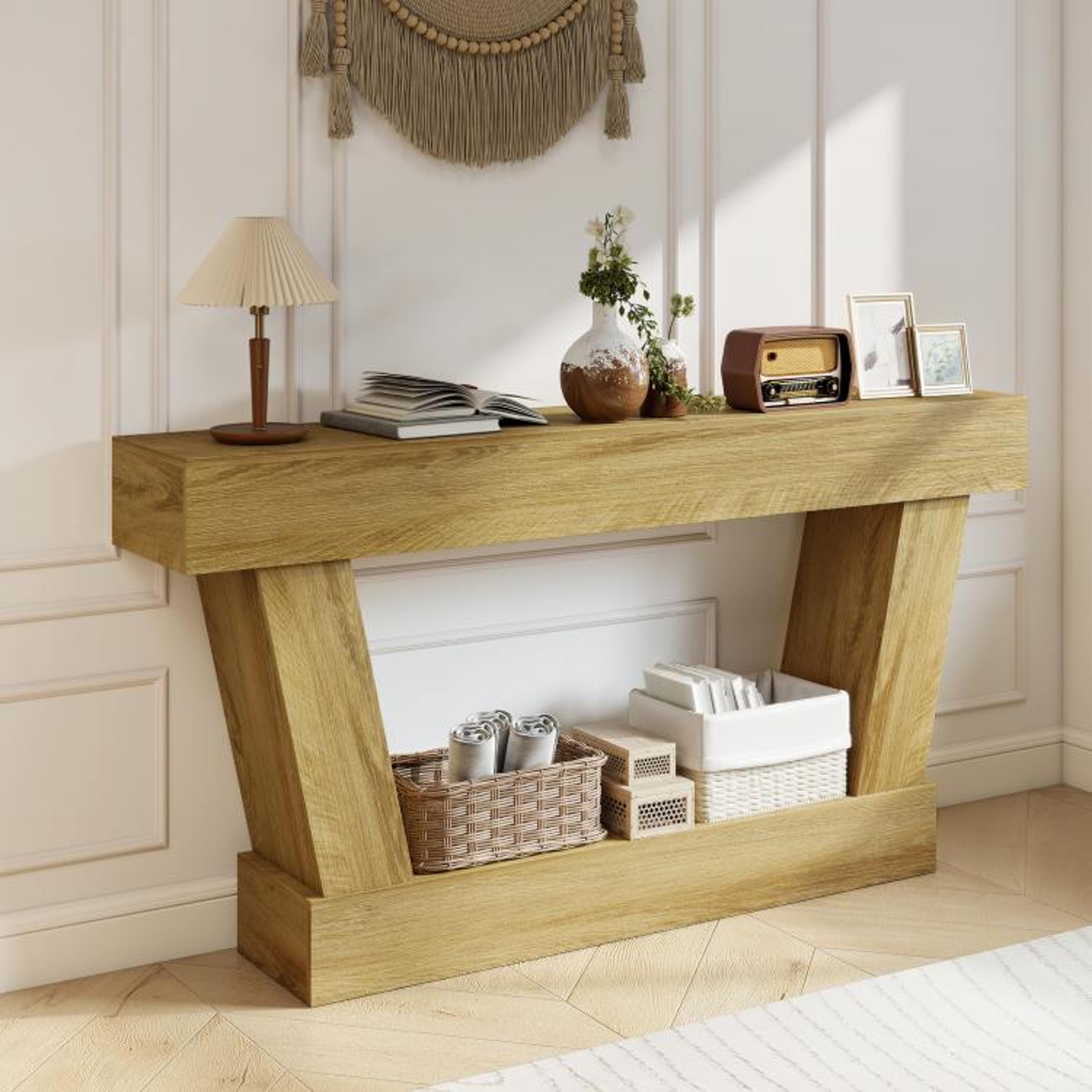 63Inch Vintage Console Table With Open Storage Shelf  Distressed Oak Finish 2