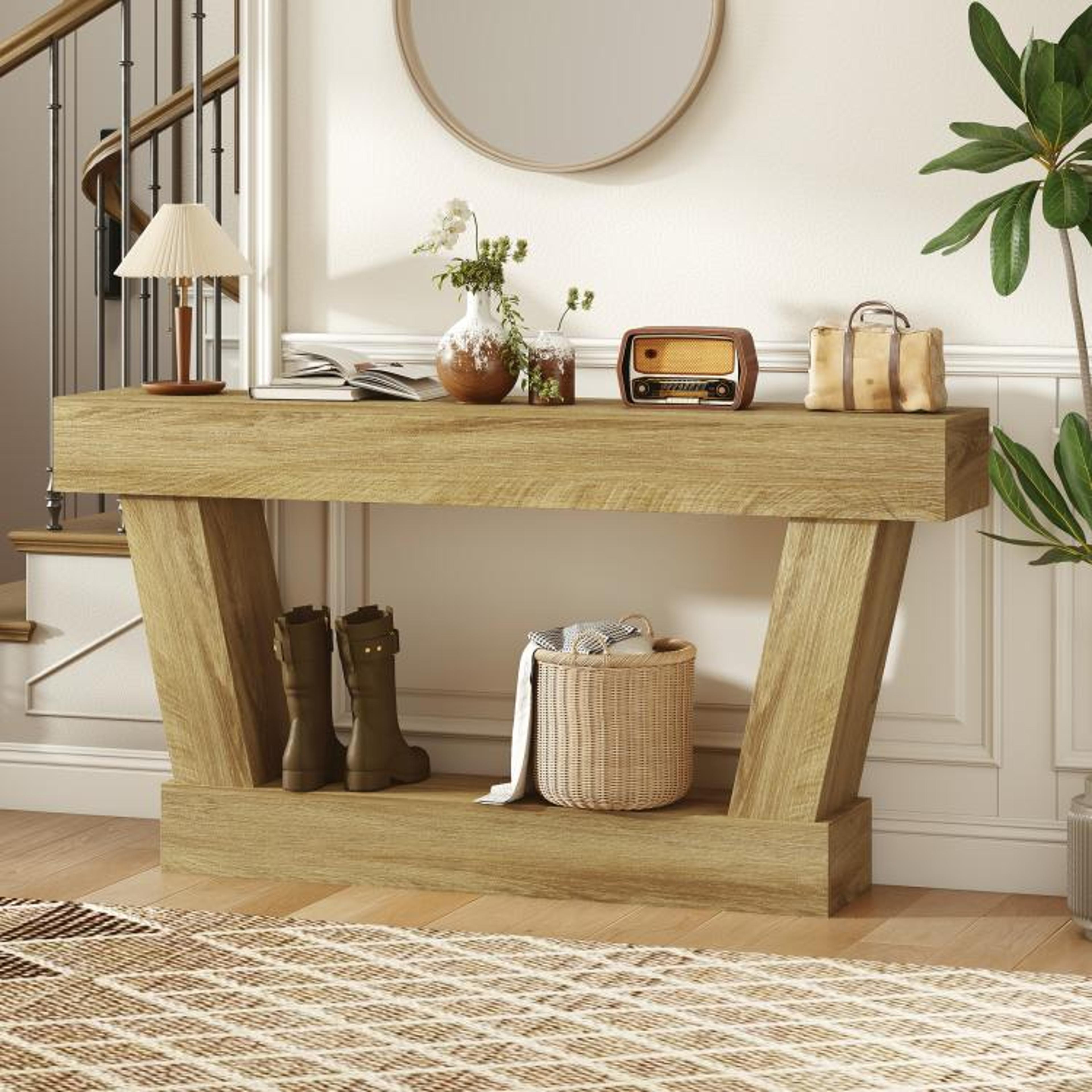 63Inch Vintage Console Table With Open Storage Shelf  Distressed Oak Finish 6