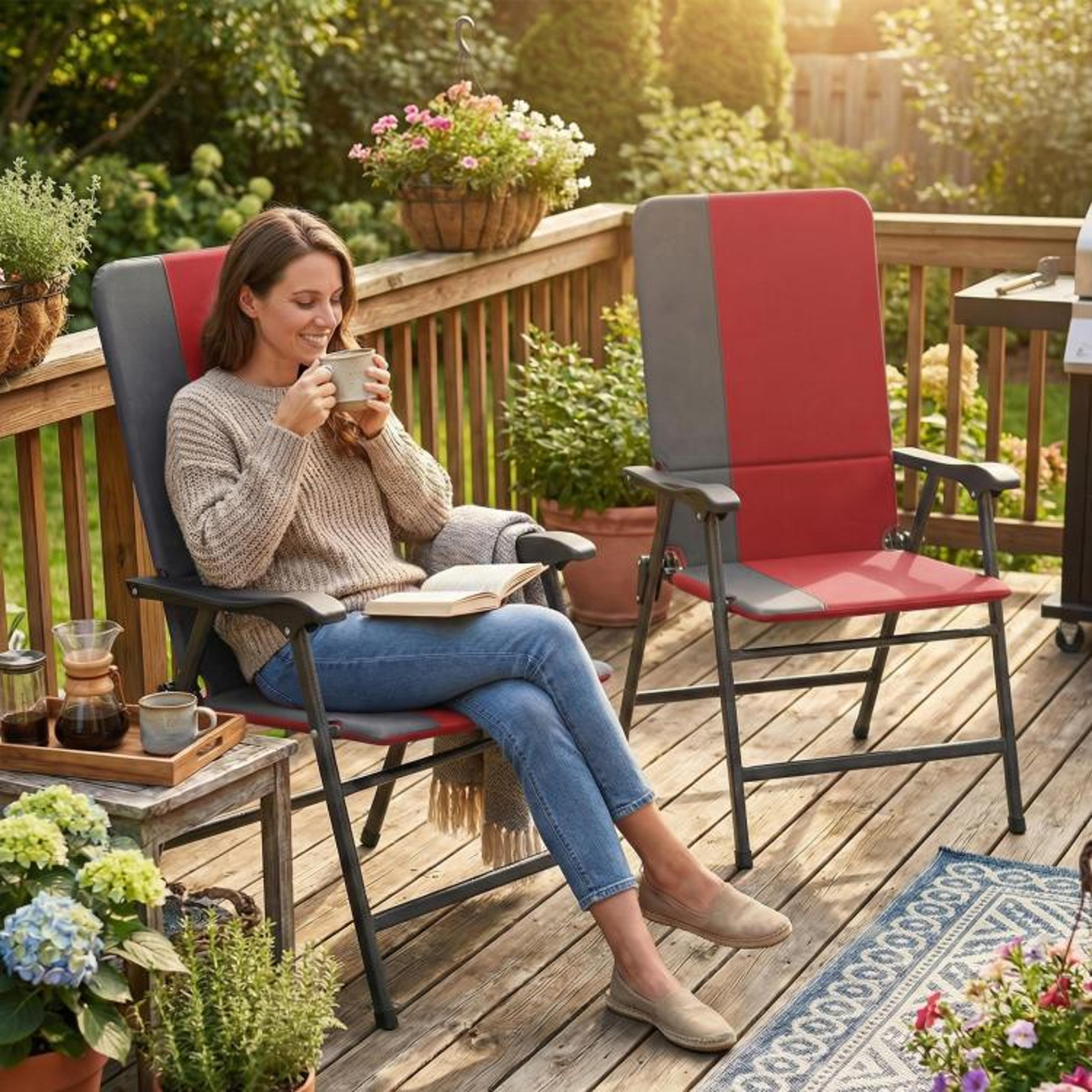 Folding Patio Chairs Set Of 2 With Padded High Backs And Armrests Red 4
