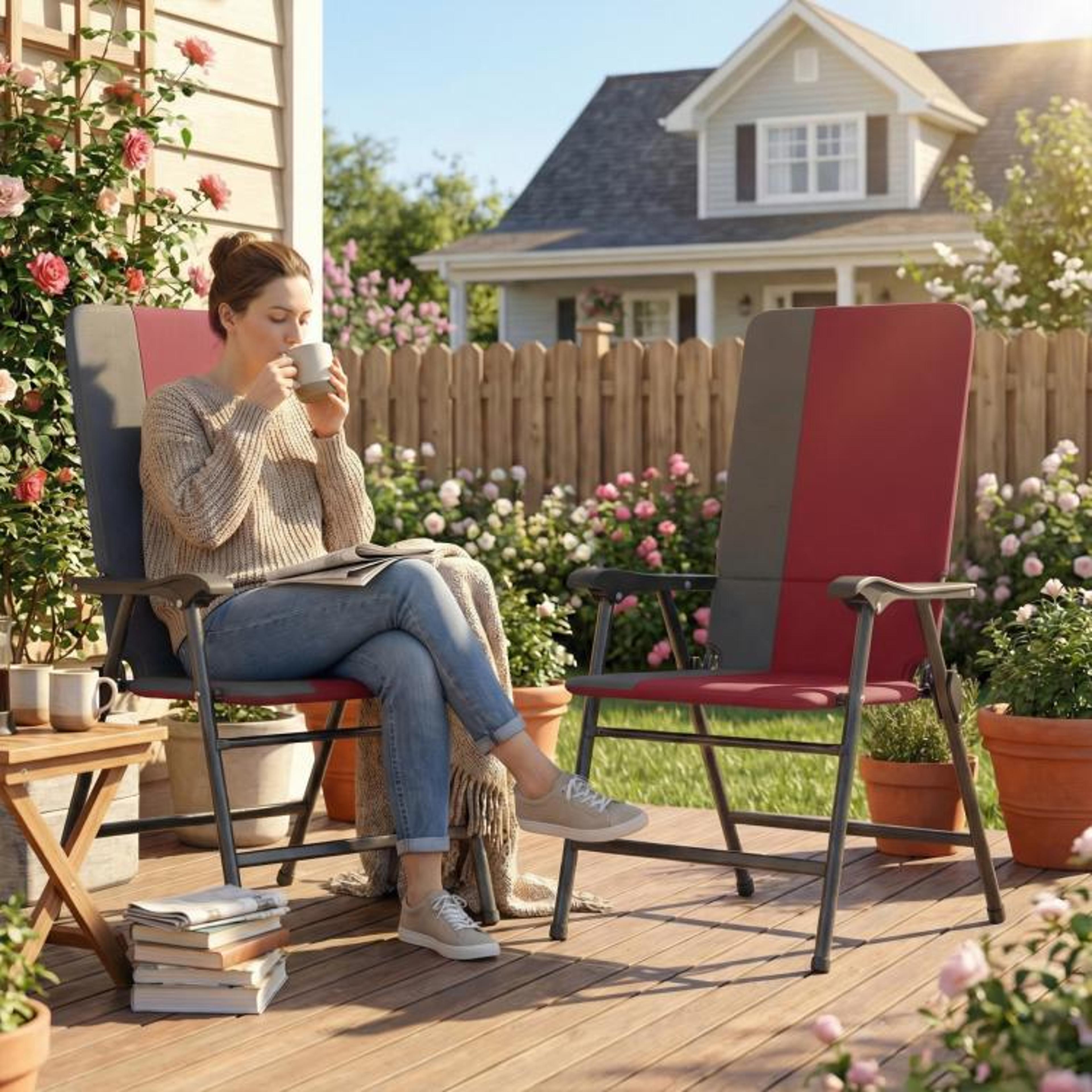 Folding Patio Chairs Set Of 2 With Padded High Backs And Armrests Red 2