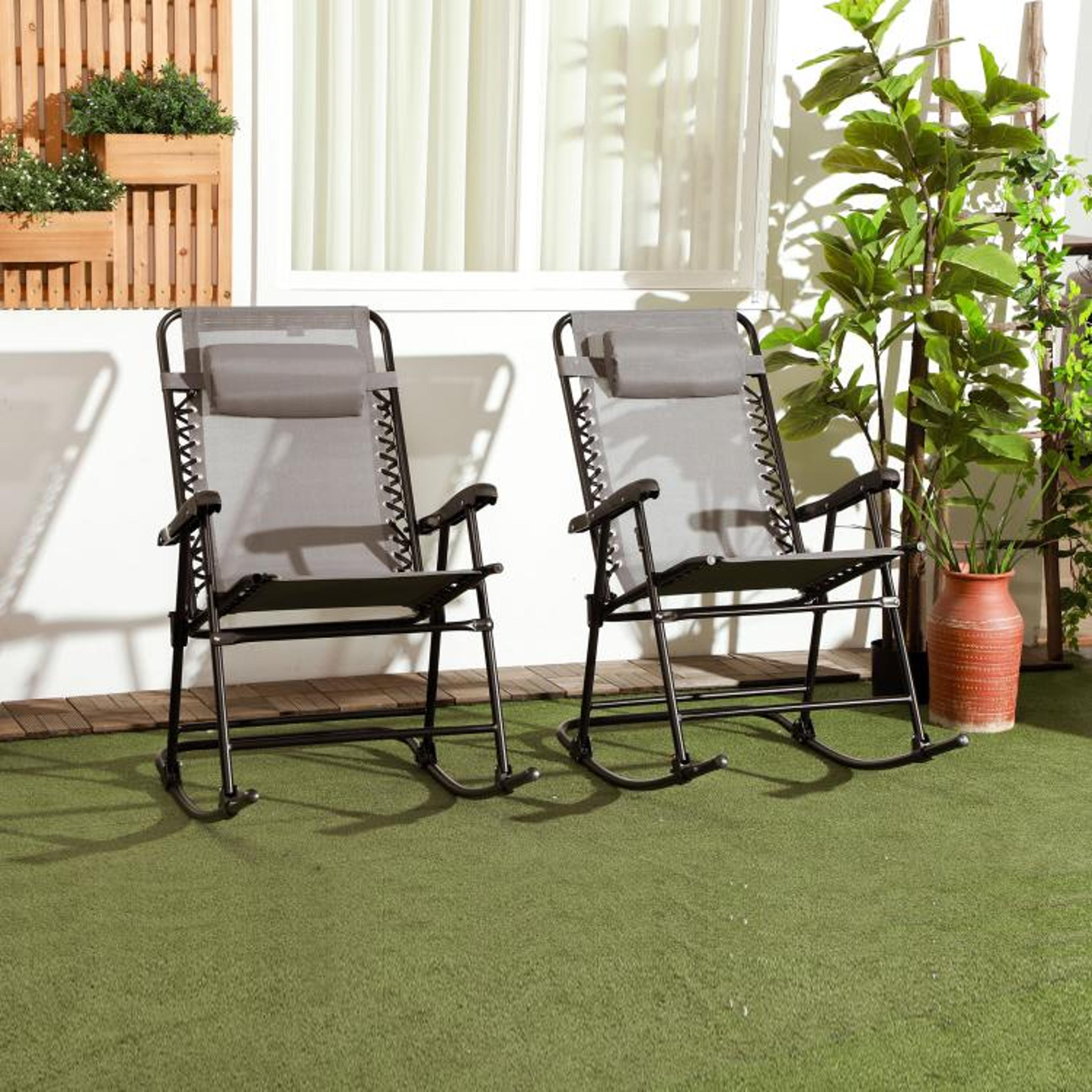 Outdoor Folding Rocking Chairs Set Of 2 With Headrests Gray Patio Rockers 5