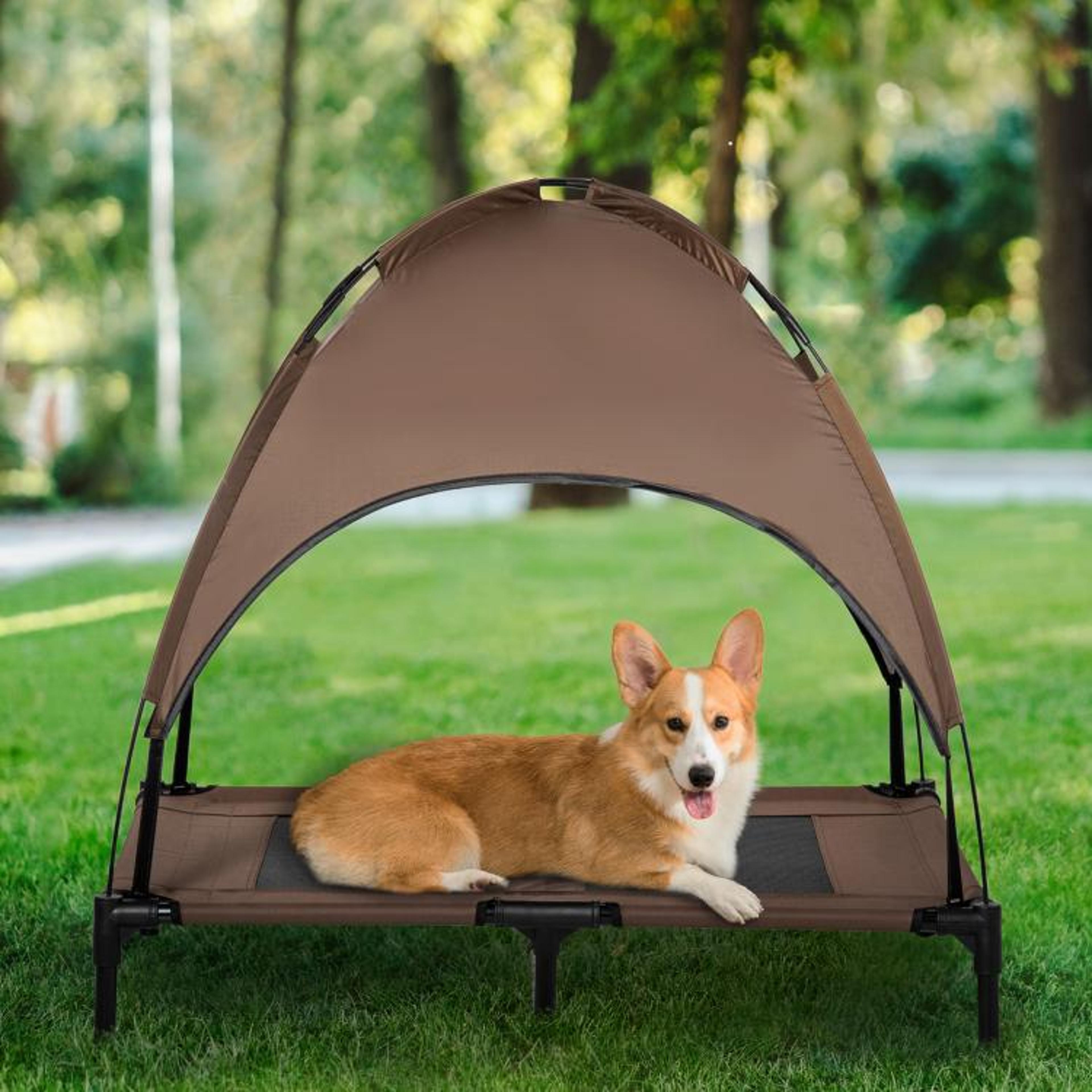 Elevated Dog Bed With UV Protection Canopy And Portable Mesh Cot 36 Inch Coffee 3