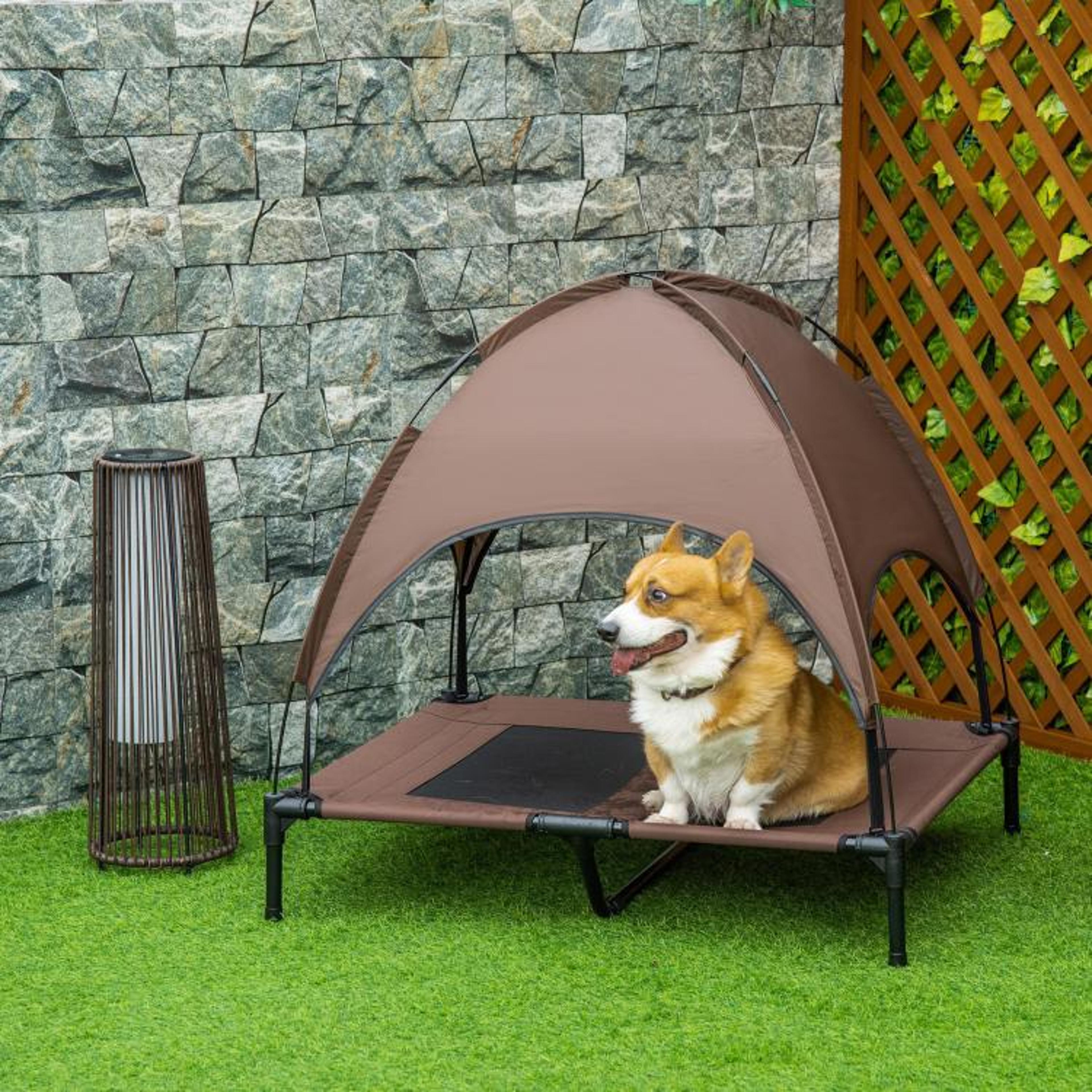 Elevated Dog Bed With UV Protection Canopy And Portable Mesh Cot 36 Inch Coffee 2