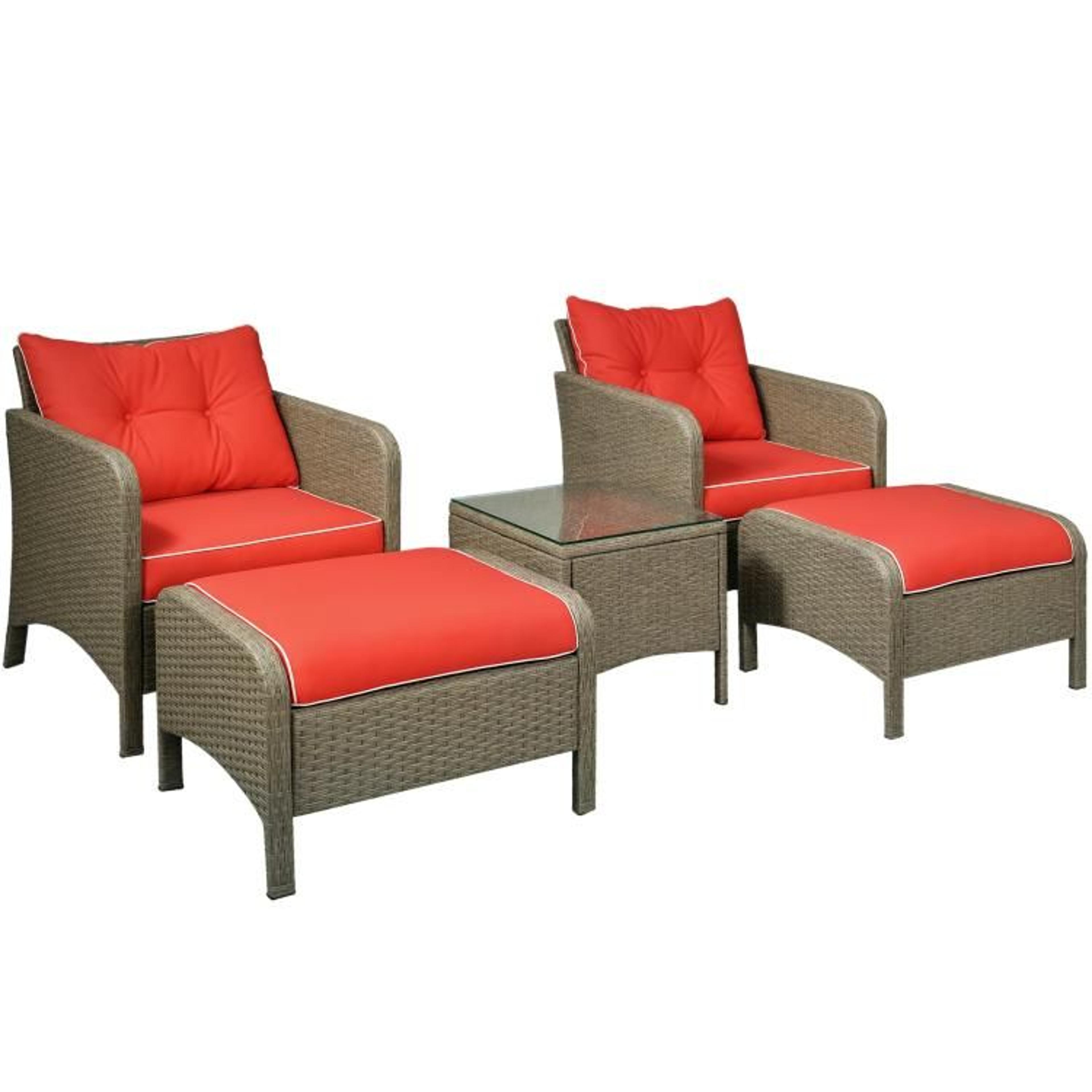 outdoor wicker patio furniture set with cushioned chairs and ottomans