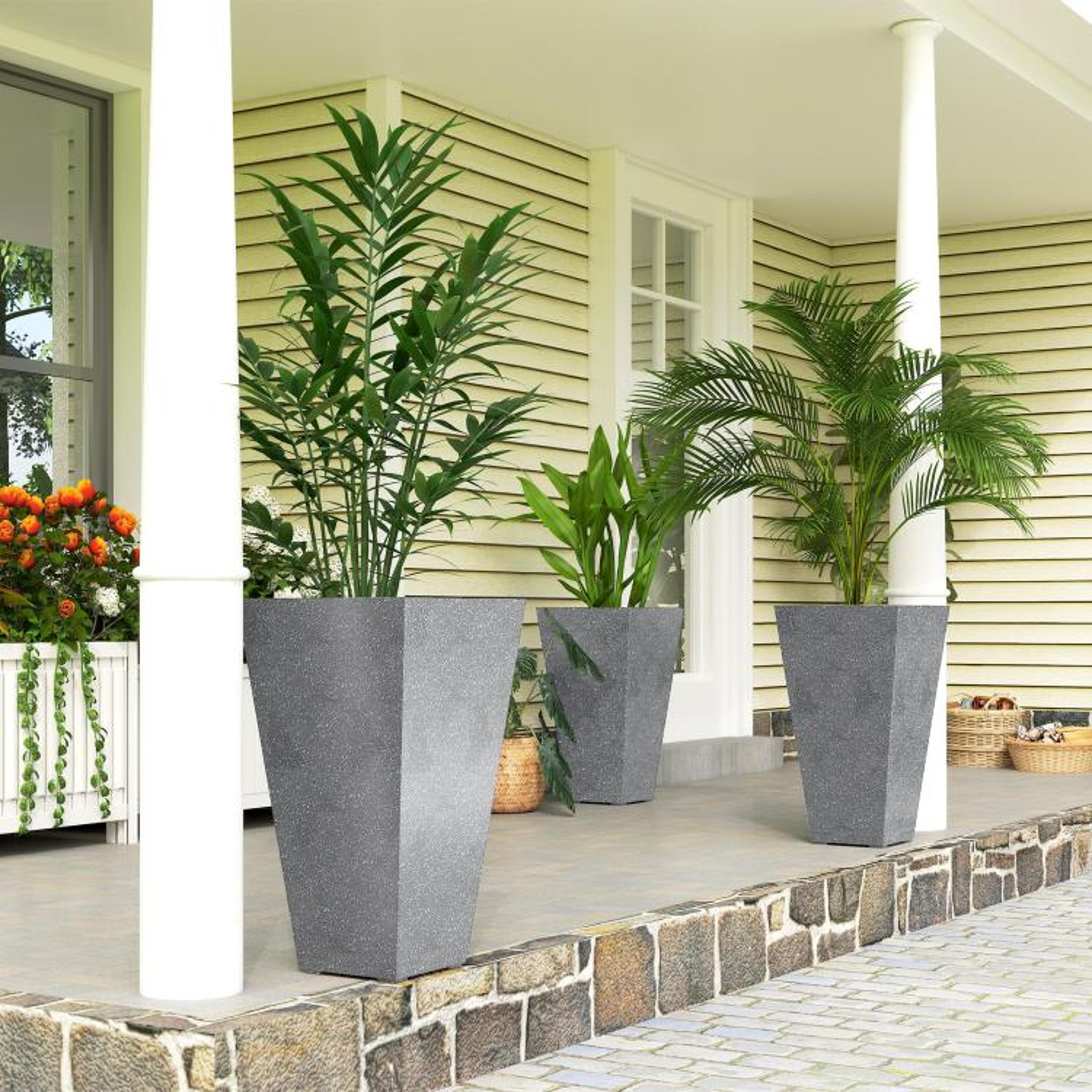 28 Inch Tall Planters Set Of 3 With Marble Finish And Drainage Holes  Gray 2