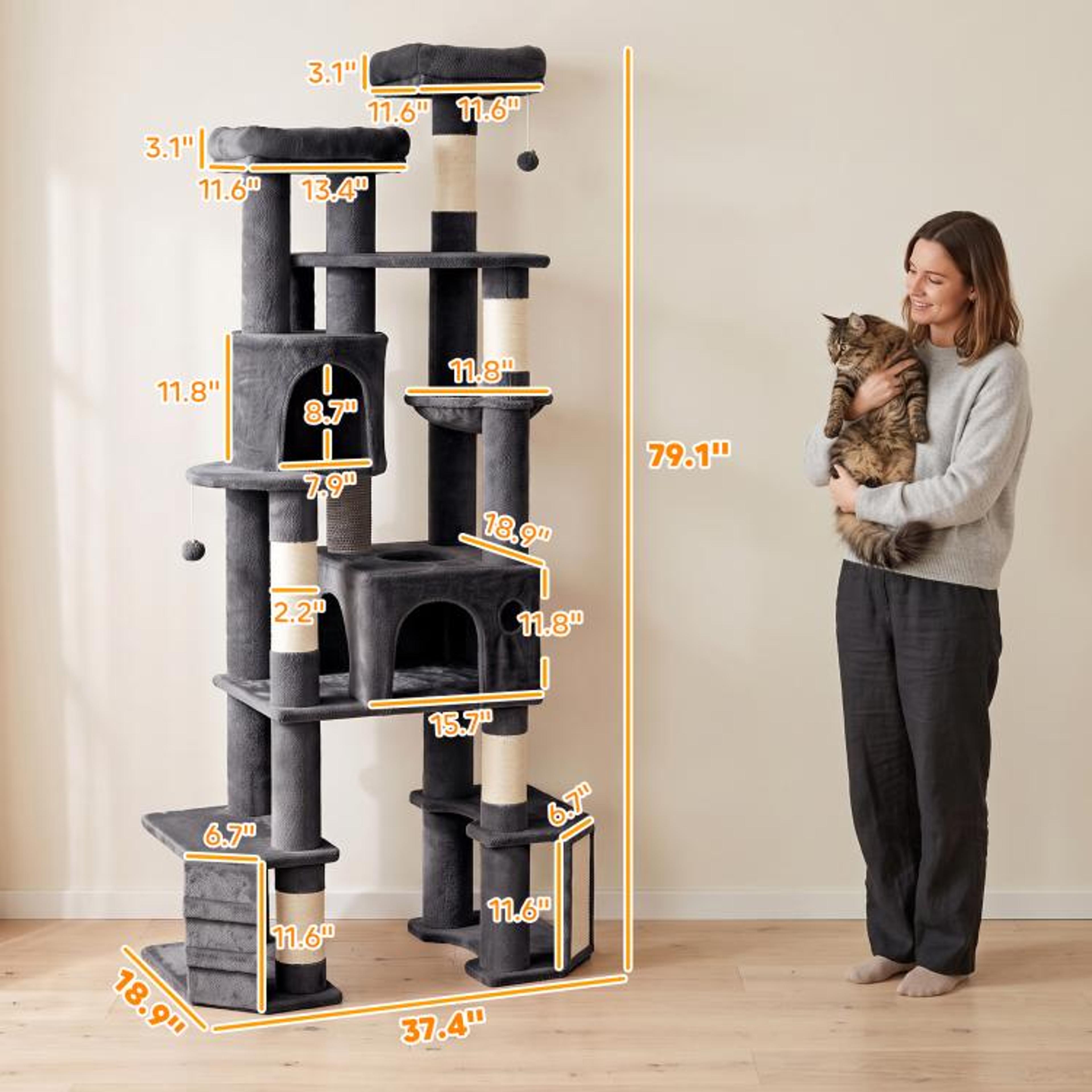 79Inch Large Cat Tree Tower With Dual Base And Cat Condos Dark Gray 2