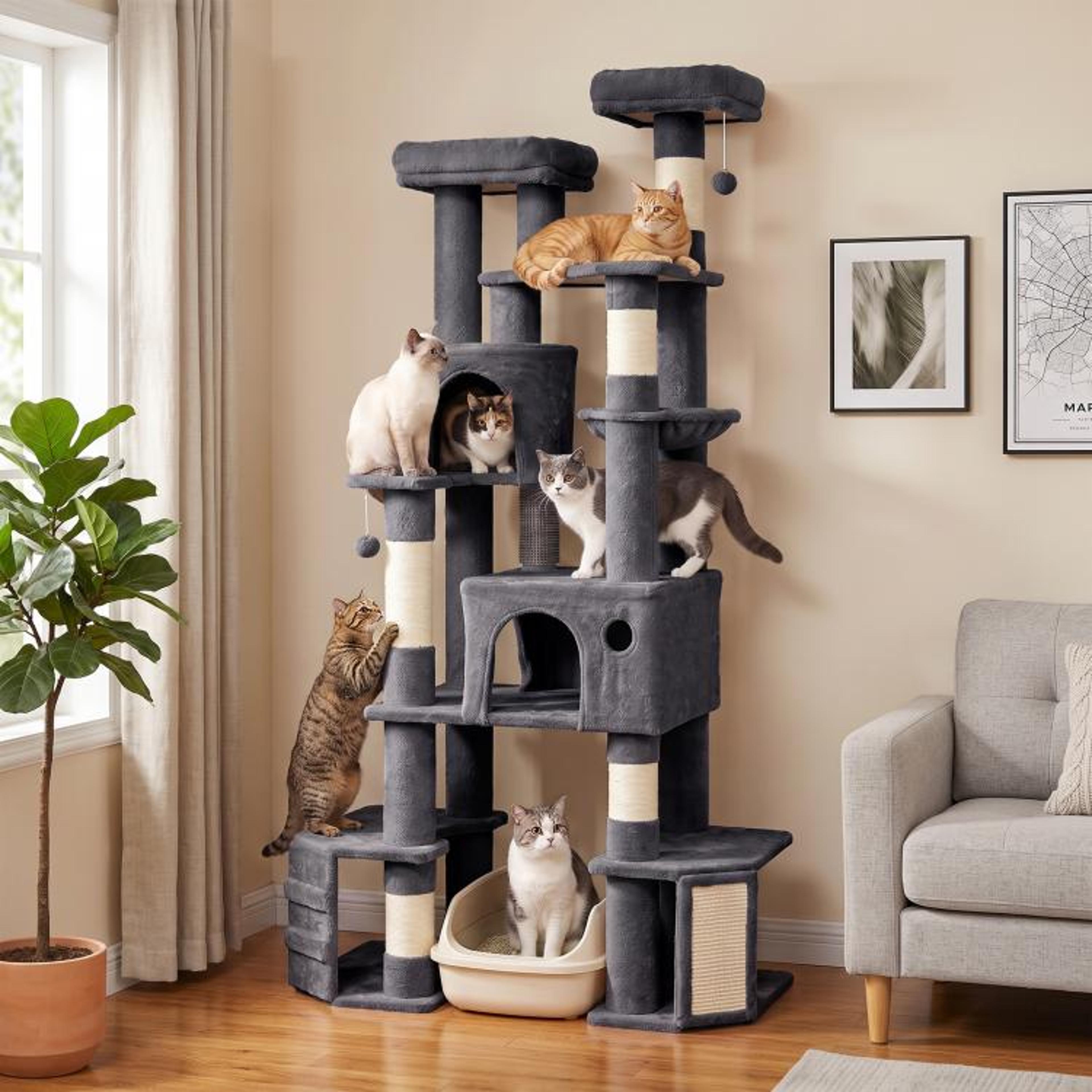 79Inch Large Cat Tree Tower With Dual Base And Cat Condos Dark Gray 4