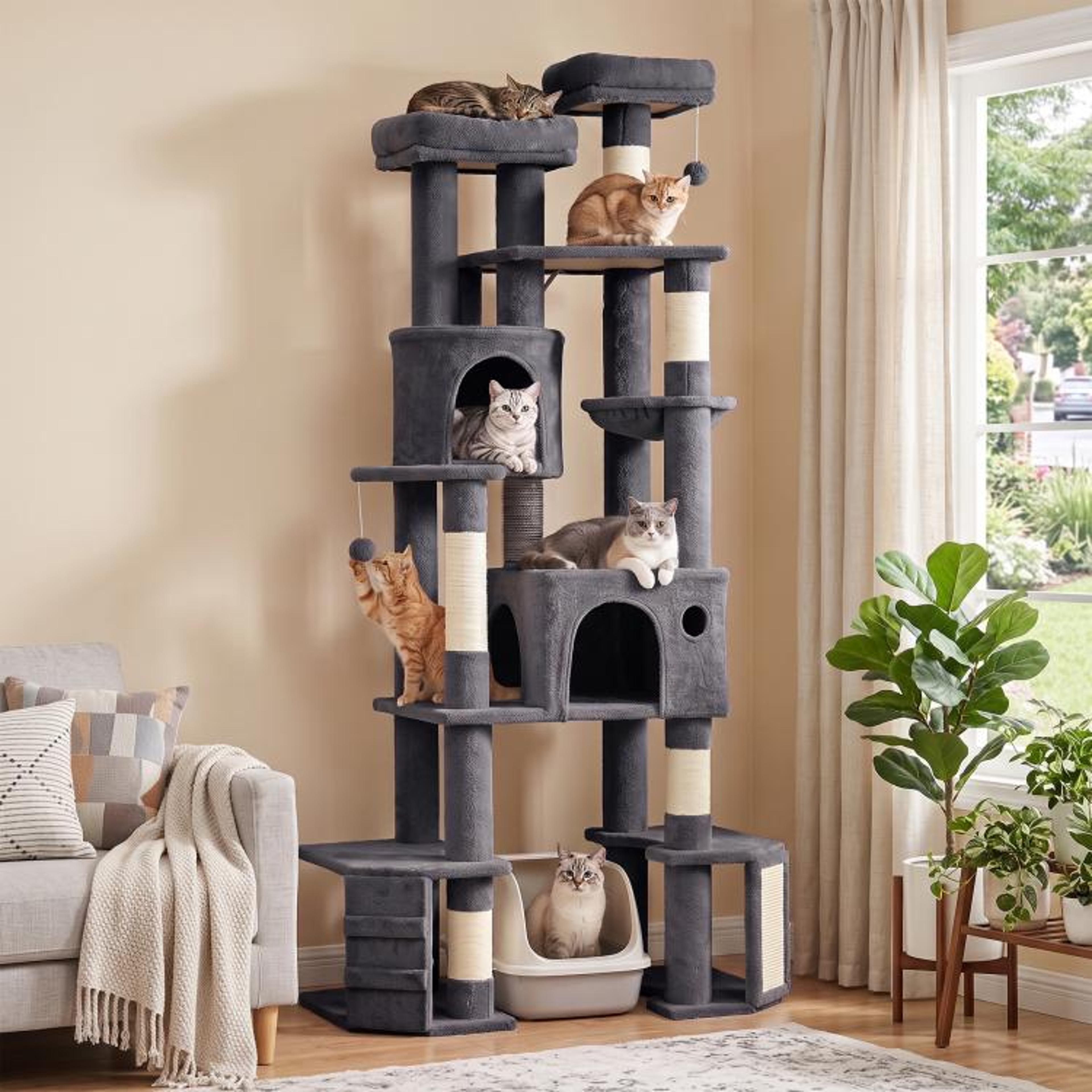 79Inch Large Cat Tree Tower With Dual Base And Cat Condos Dark Gray 3