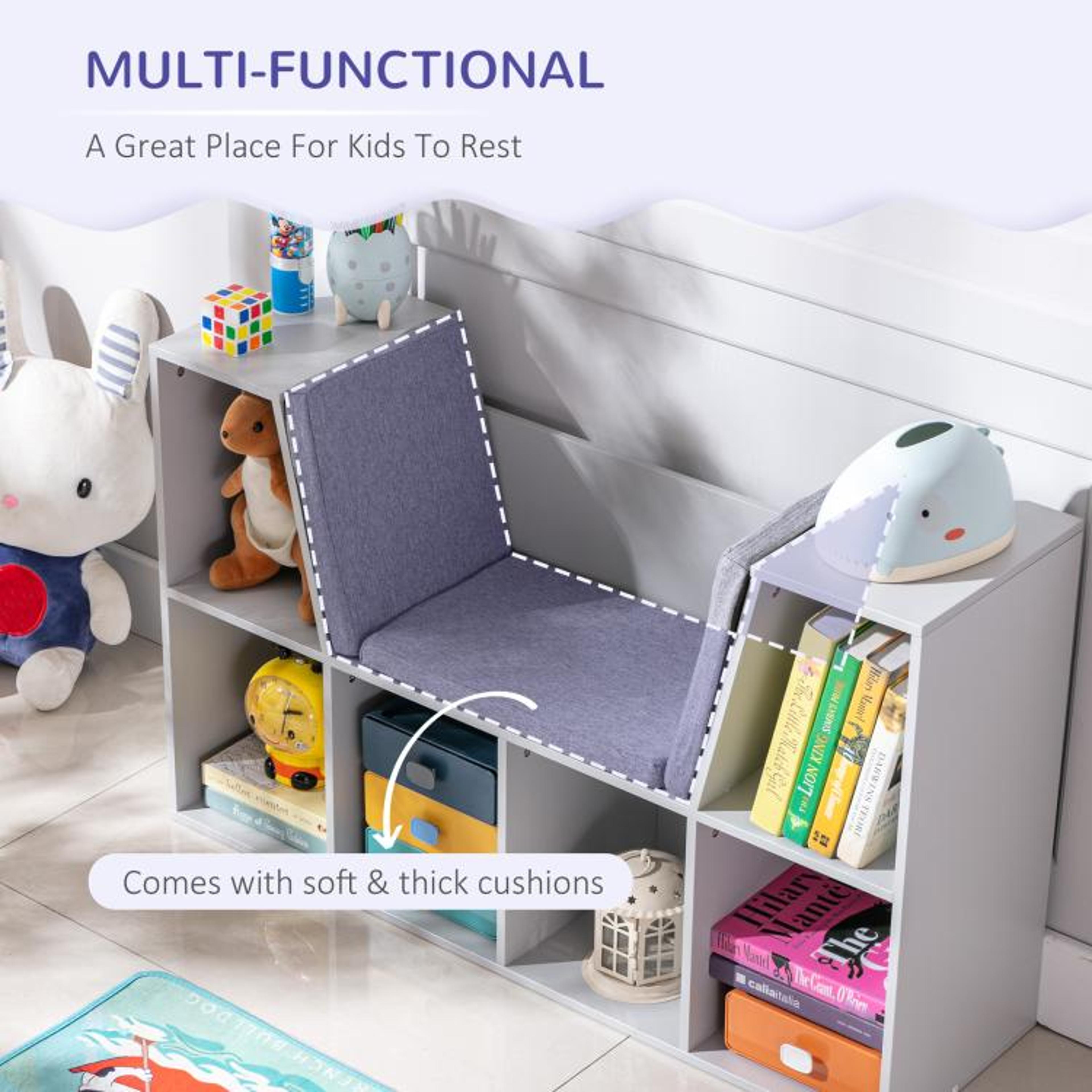 6Cubby Kids Bookcase With Cushioned Reading Nook And Storage Bench  Grey 2