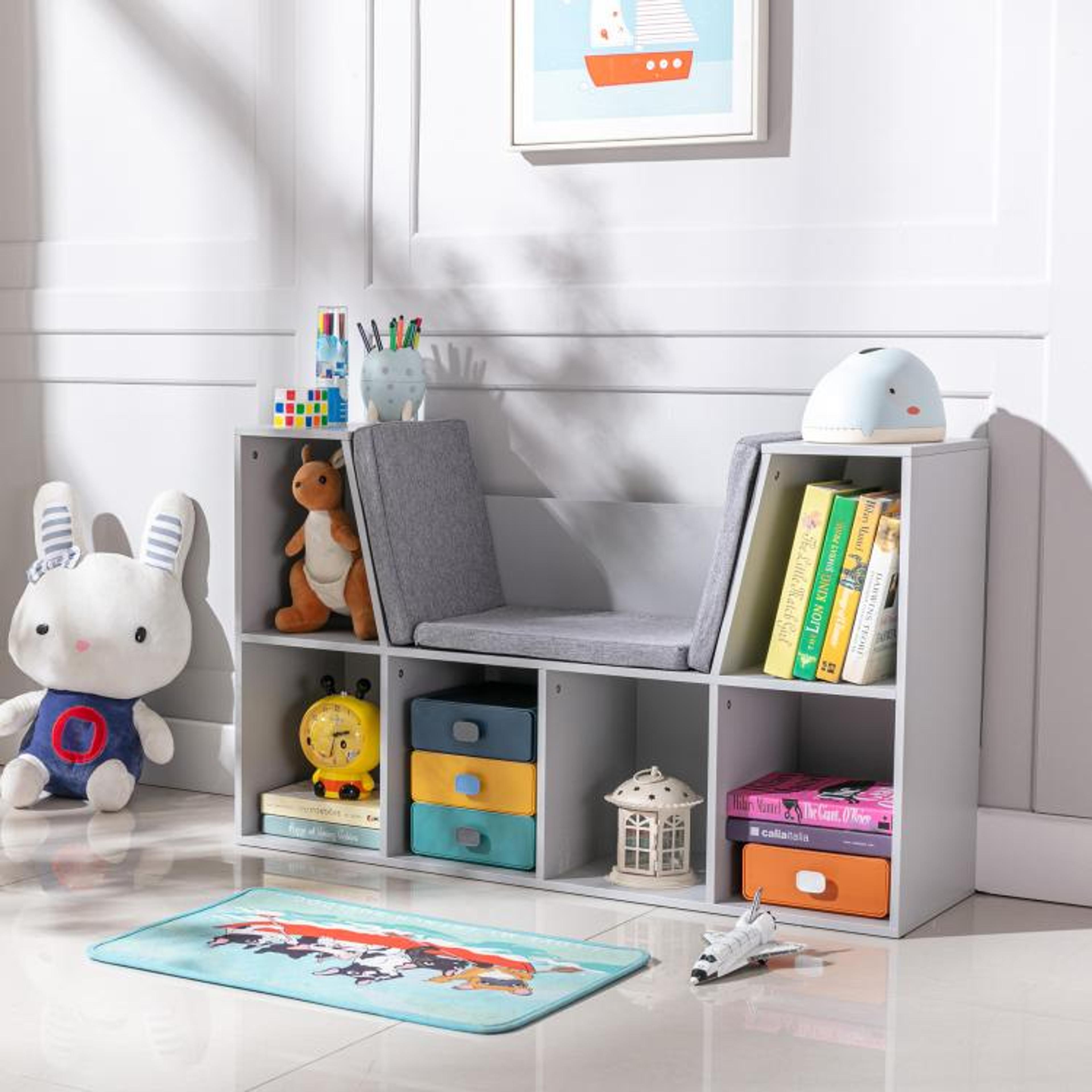 6Cubby Kids Bookcase With Cushioned Reading Nook And Storage Bench  Grey 5