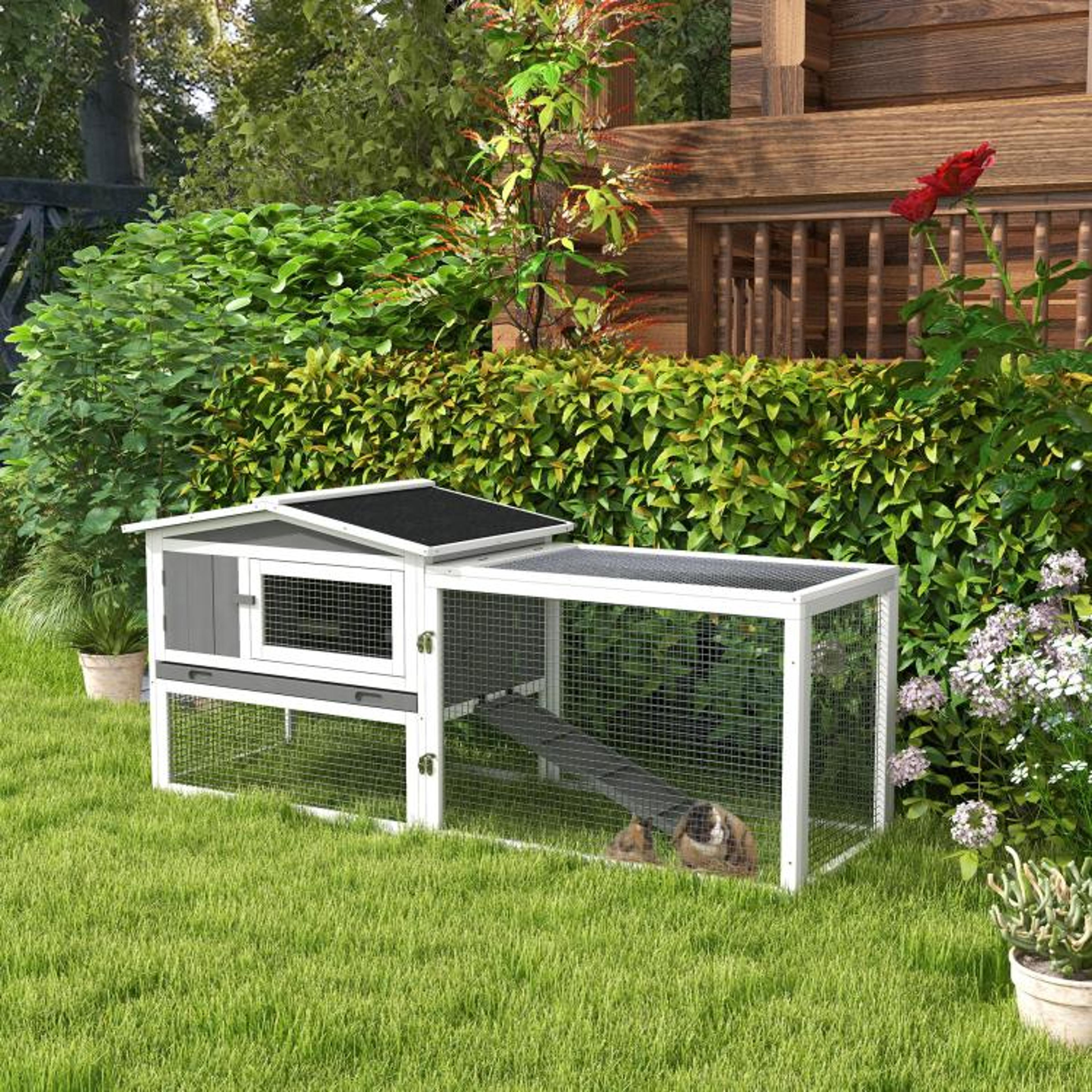 2Story Rabbit Hutch With Outdoor Run And SlideOut Tray  Light Gray 2