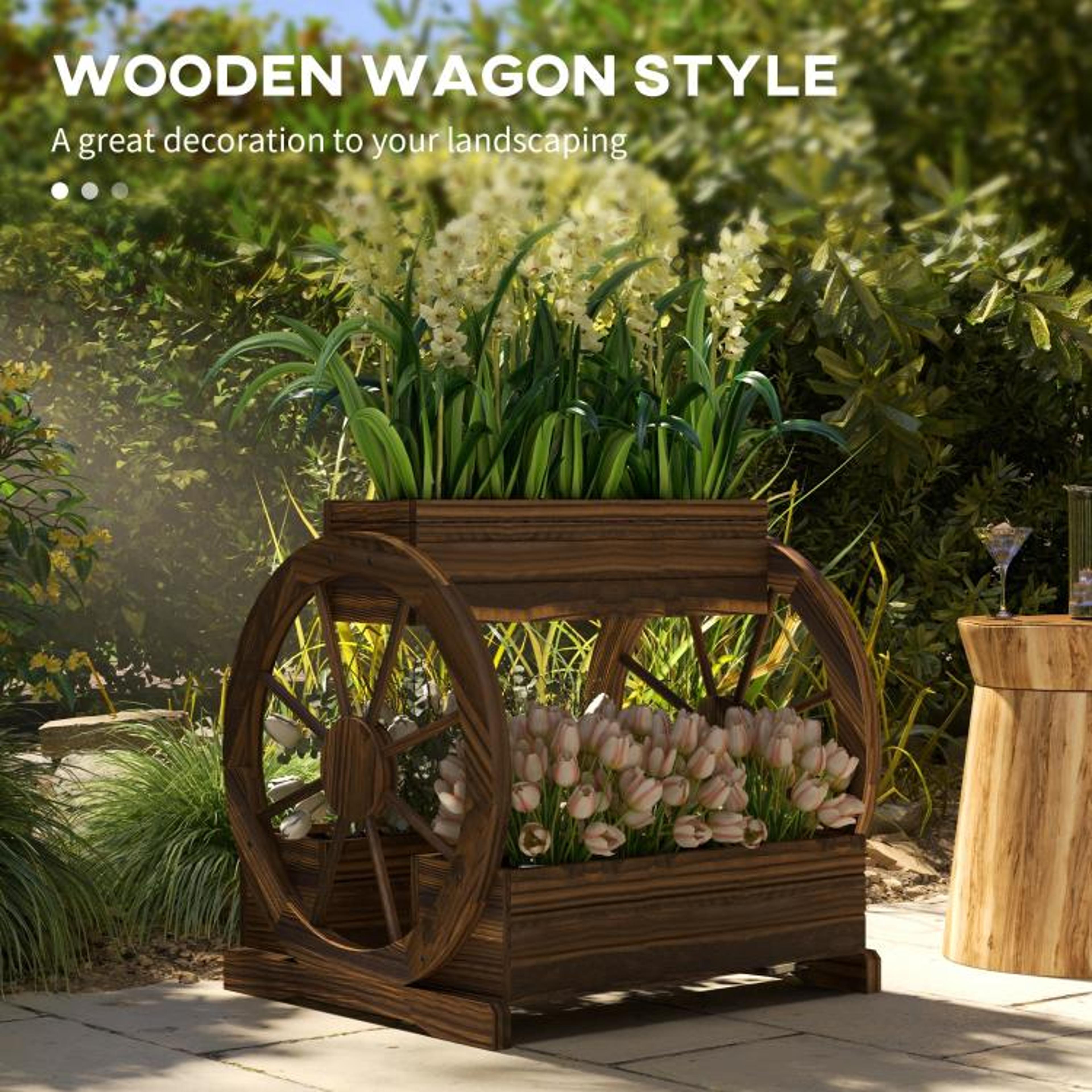 3Tier Wooden Wagon Planter Box With Raised Garden Beds And Decorative Wheels 6
