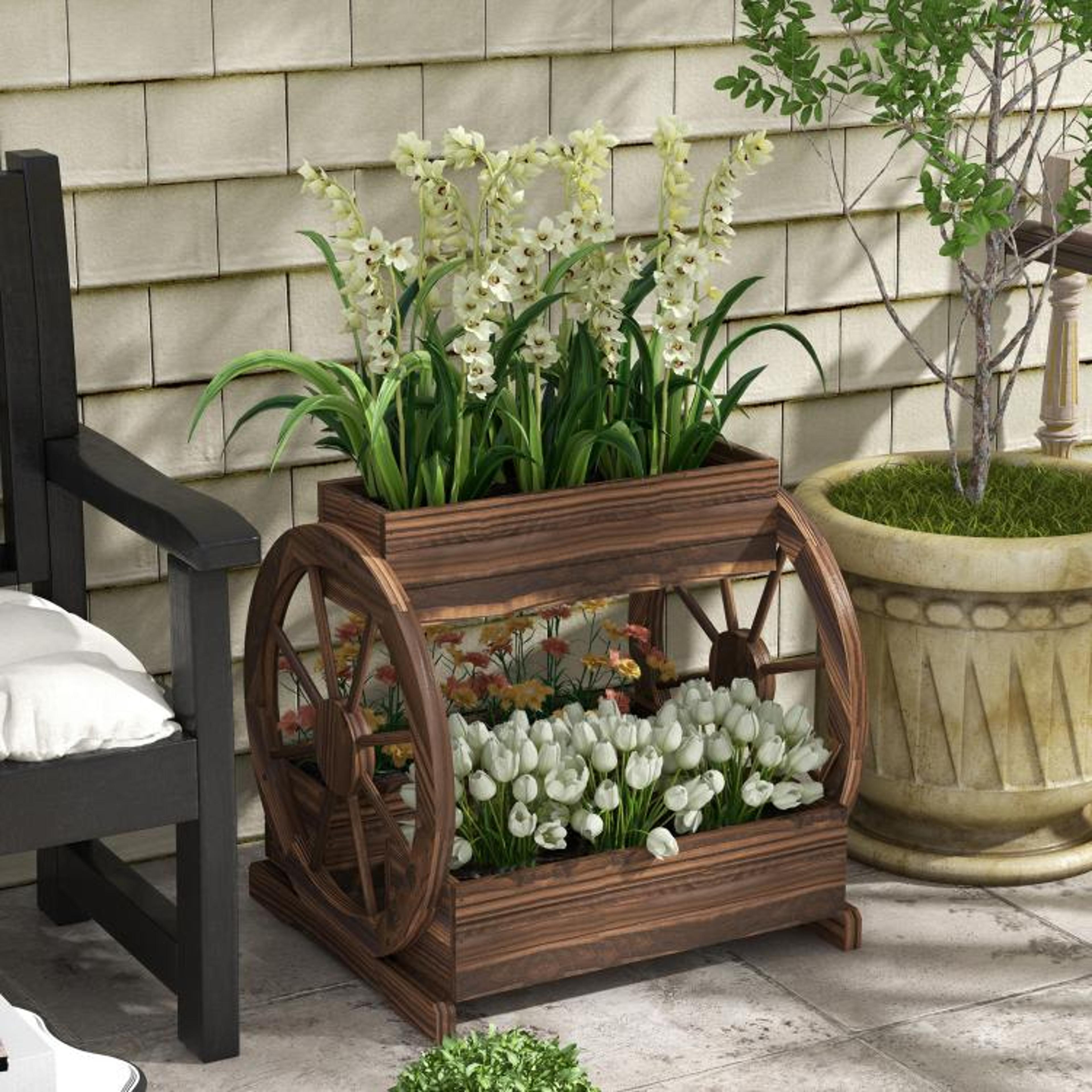 3Tier Wooden Wagon Planter Box With Raised Garden Beds And Decorative Wheels 2