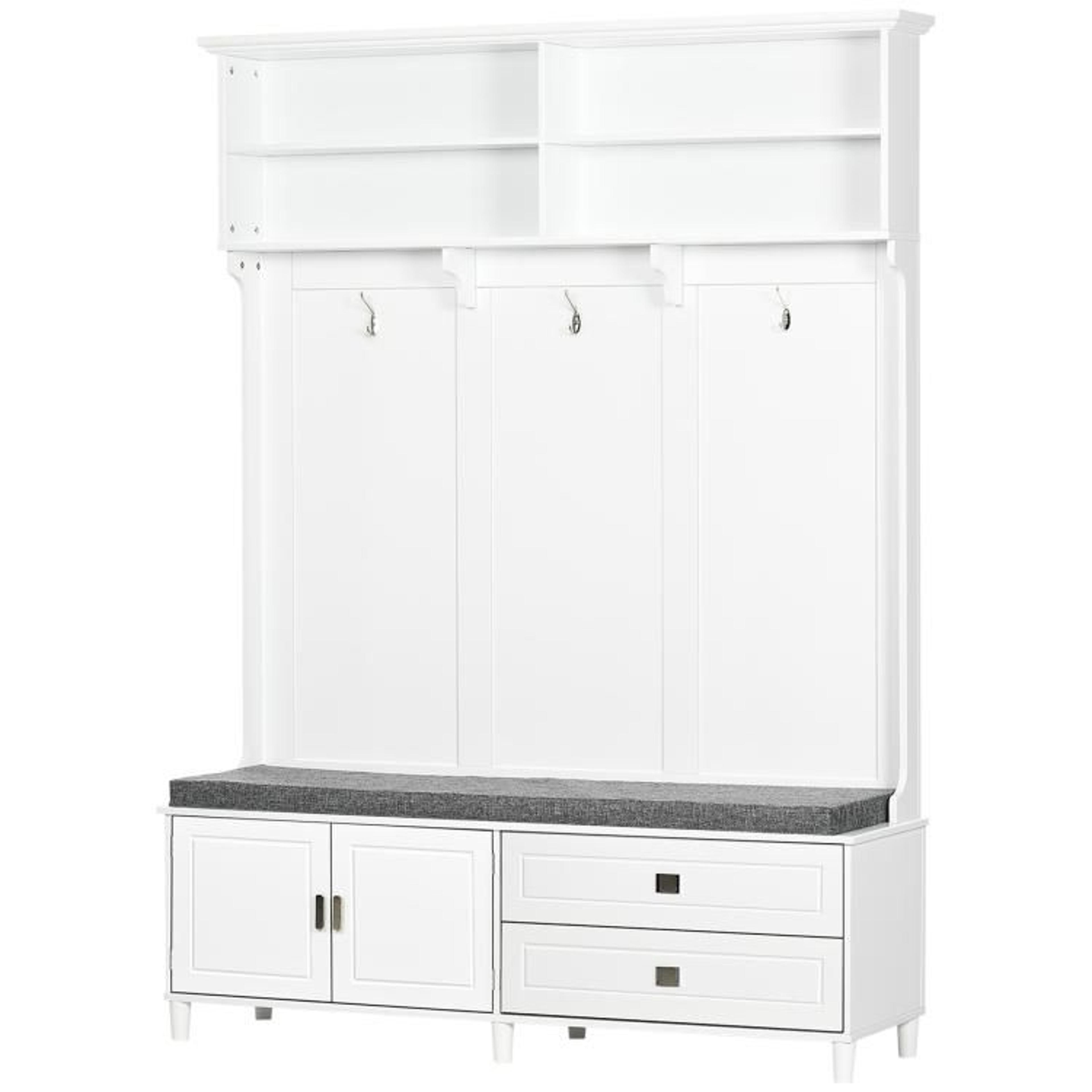 White Hall Tree With Storage Bench Coat Rack Drawers And Shelves 1